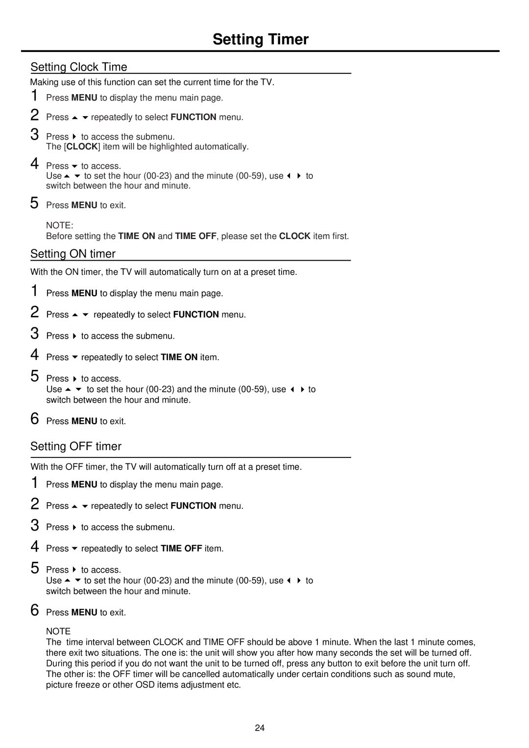 Palsonic TFTV681U owner manual Setting Timer, Setting Clock Time, Setting on timer, Setting OFF timer 