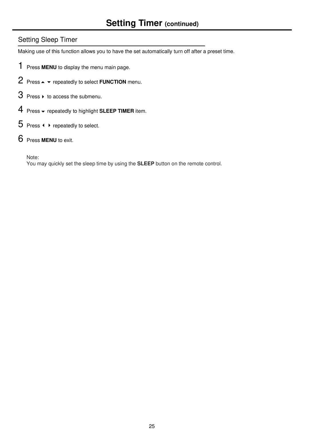 Palsonic TFTV681U owner manual Setting Sleep Timer 