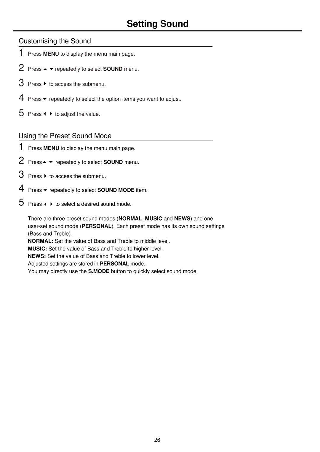 Palsonic TFTV681U owner manual Setting Sound, Customising the Sound, Using the Preset Sound Mode 