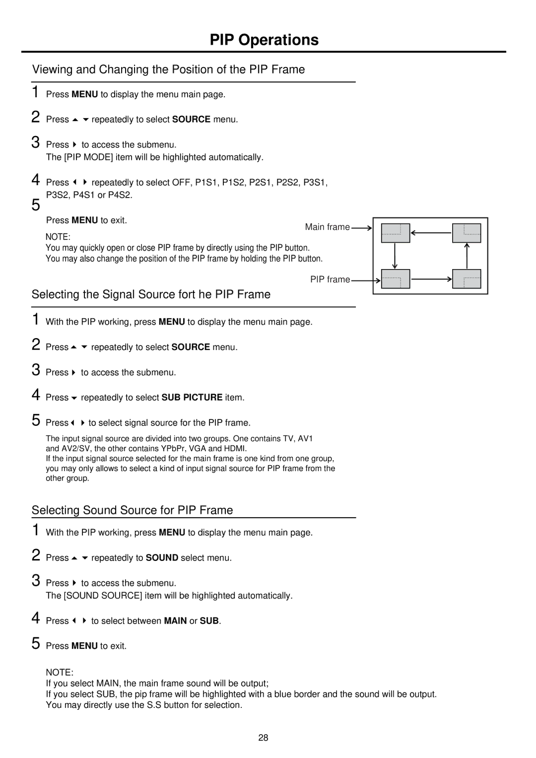 Palsonic TFTV681U PIP Operations, Viewing and Changing the Position of the PIP Frame, Selecting Sound Source for PIP Frame 