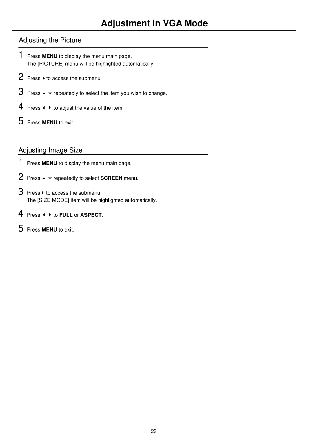 Palsonic TFTV681U owner manual Adjustment in VGA Mode, Adjusting the Picture, Adjusting Image Size 