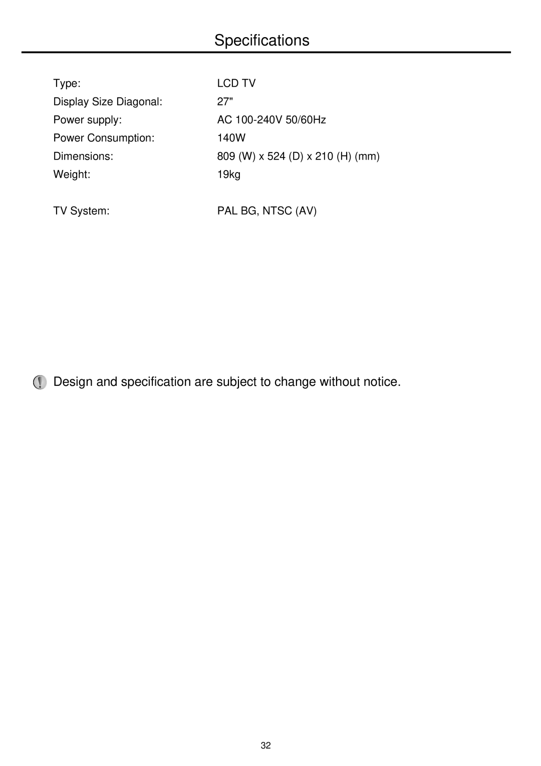 Palsonic TFTV681U owner manual Specifications, Lcd Tv 