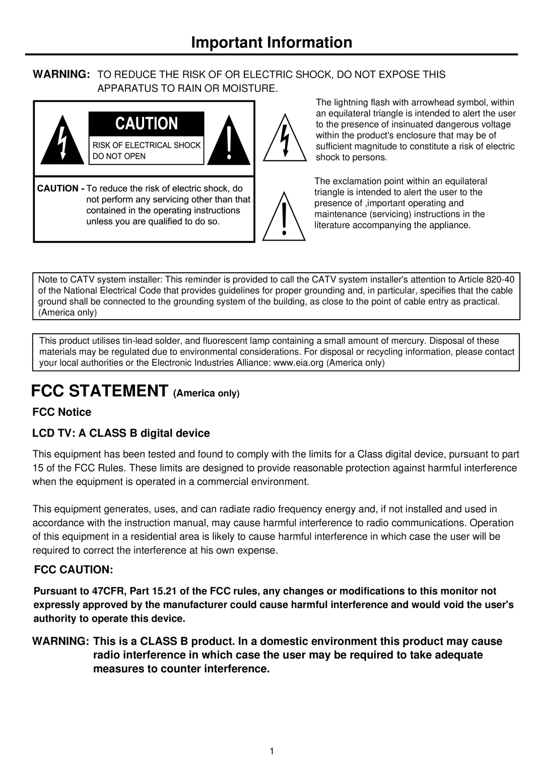 Palsonic TFTV681U owner manual FCC Statement America only, Important Information 