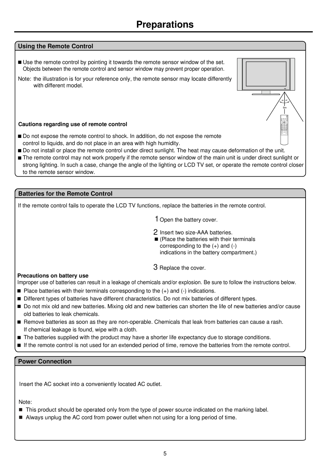 Palsonic TFTV681U owner manual Preparations, Using the Remote Control, Batteries for the Remote Control, Power Connection 