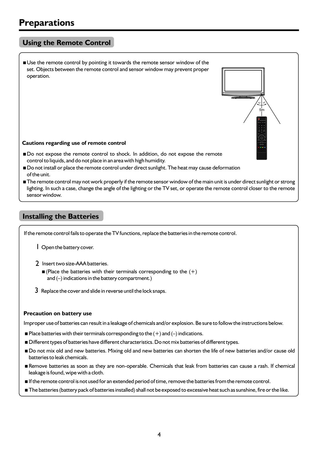 Palsonic TFTV683HD owner manual Preparations, Using the Remote Control, Installing the Batteries 