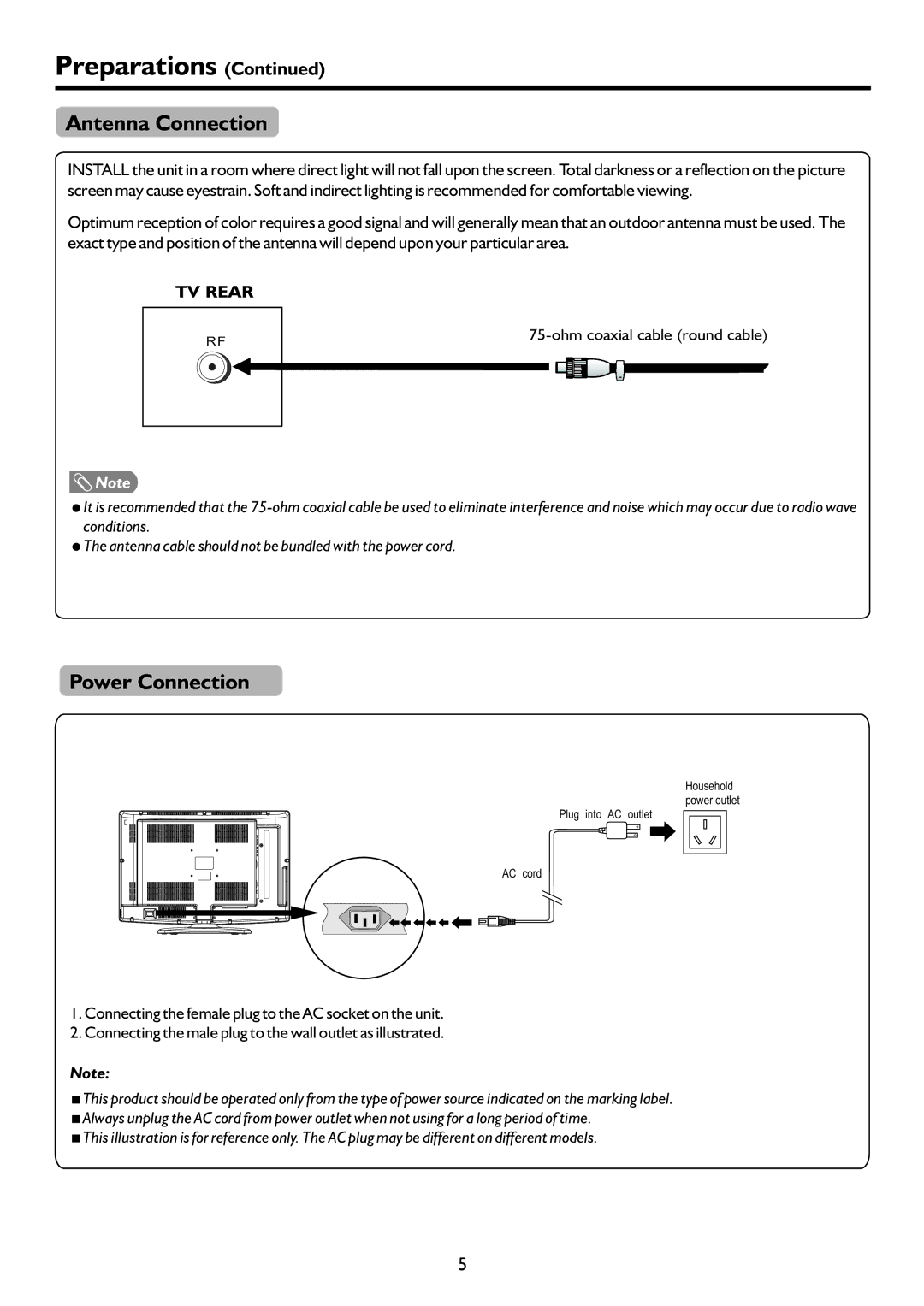 Palsonic TFTV683HD owner manual Antenna Connection, Power Connection 