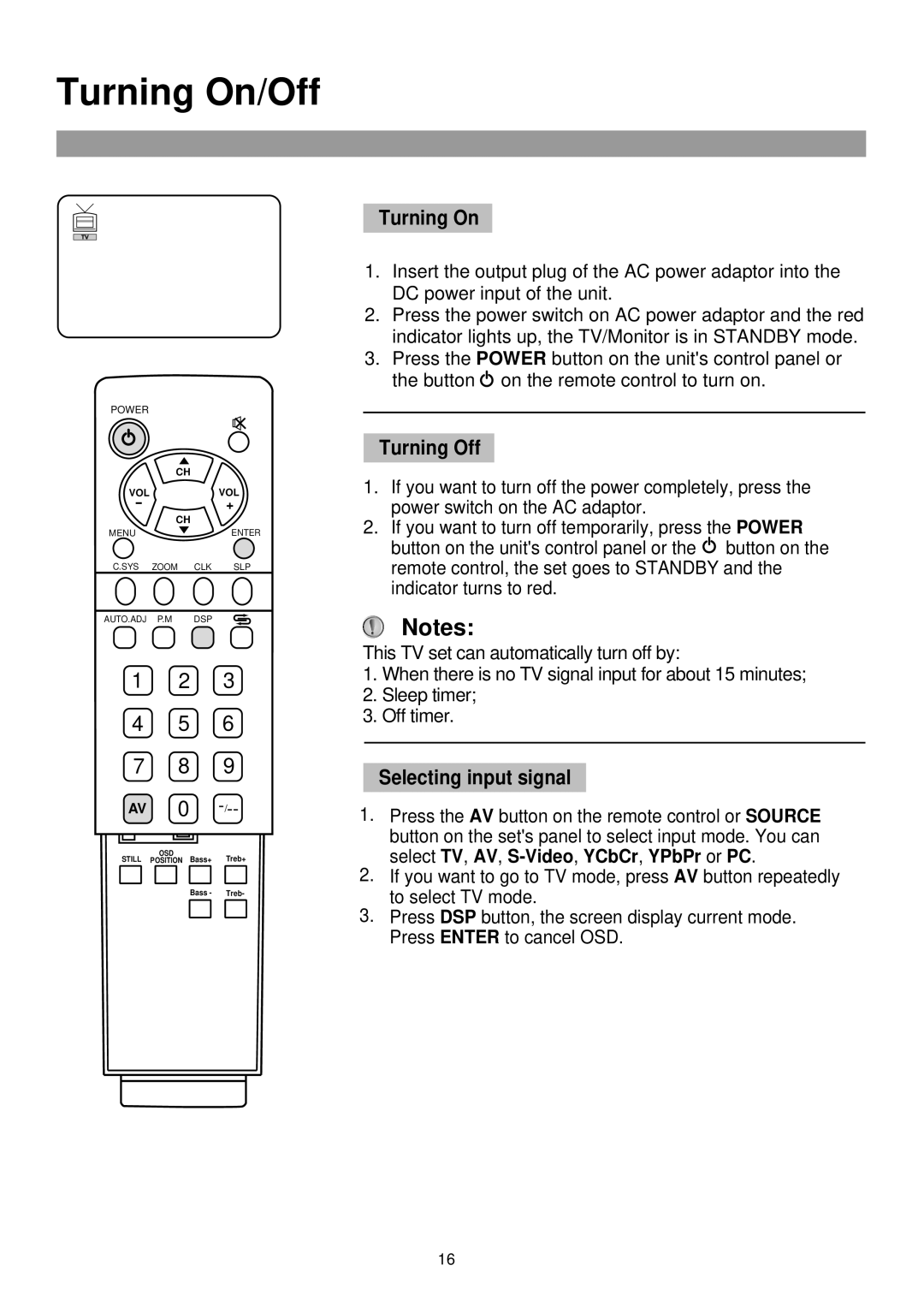 Palsonic TFTV765 owner manual Turning On/Off, Turning Off, Selecting input signal 