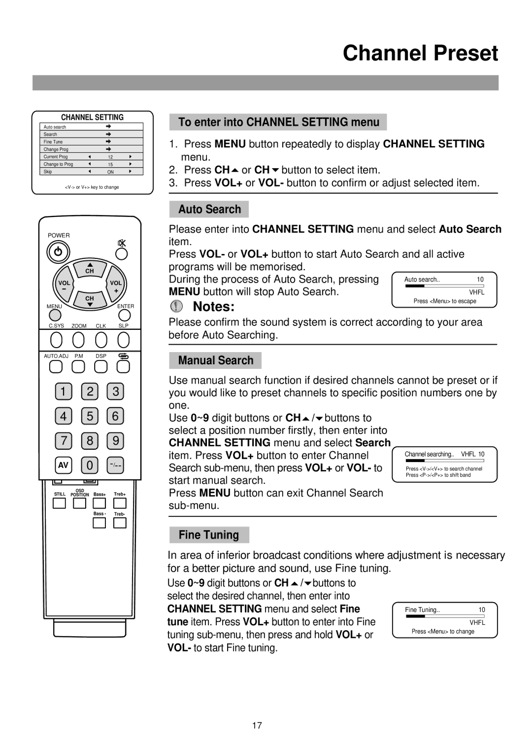 Palsonic TFTV765 owner manual Channel Preset, To enter into Channel Setting menu, Auto Search, Manual Search, Fine Tuning 