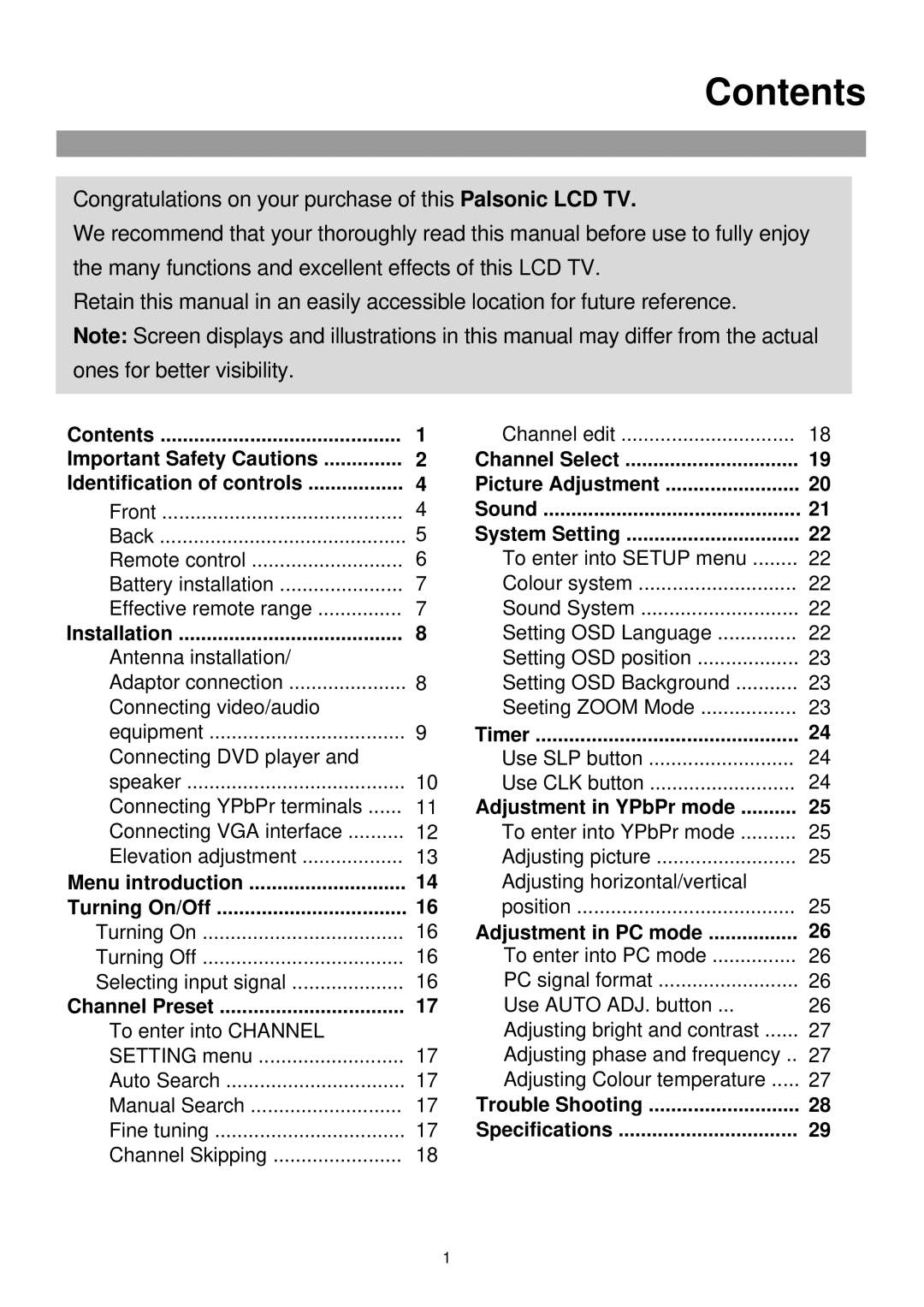 Palsonic TFTV765 owner manual Contents 