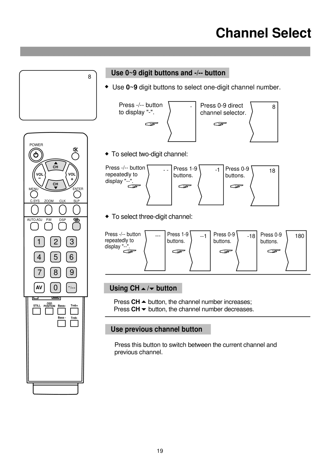 Palsonic TFTV765 Channel Select, Use 0~9 digit buttons and -/-- button, Using CH / button, Use previous channel button 