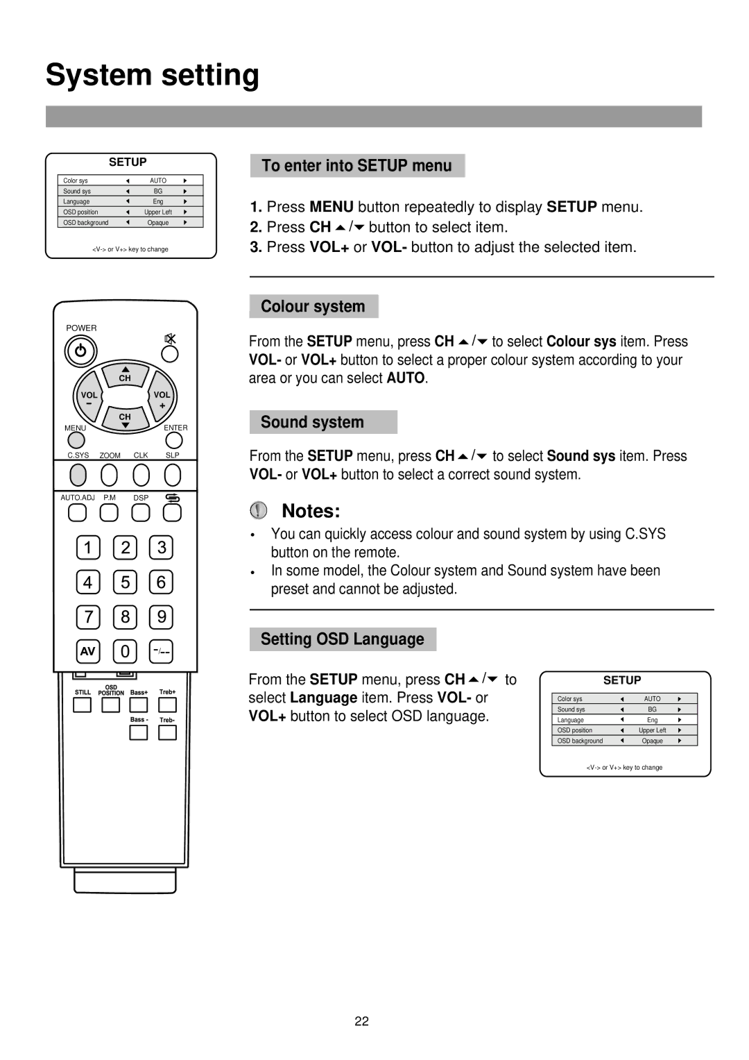 Palsonic TFTV765 owner manual System setting, To enter into Setup menu, Colour system, Sound system, Setting OSD Language 