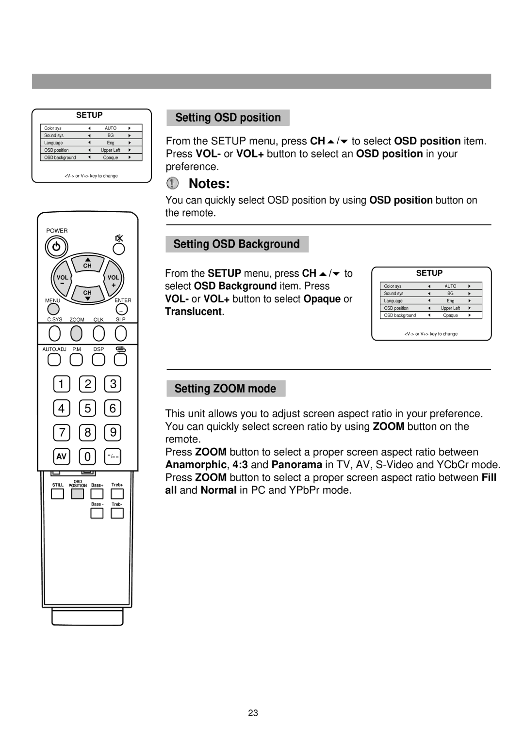 Palsonic TFTV765 owner manual Setting OSD position, Setting OSD Background, Setting Zoom mode 