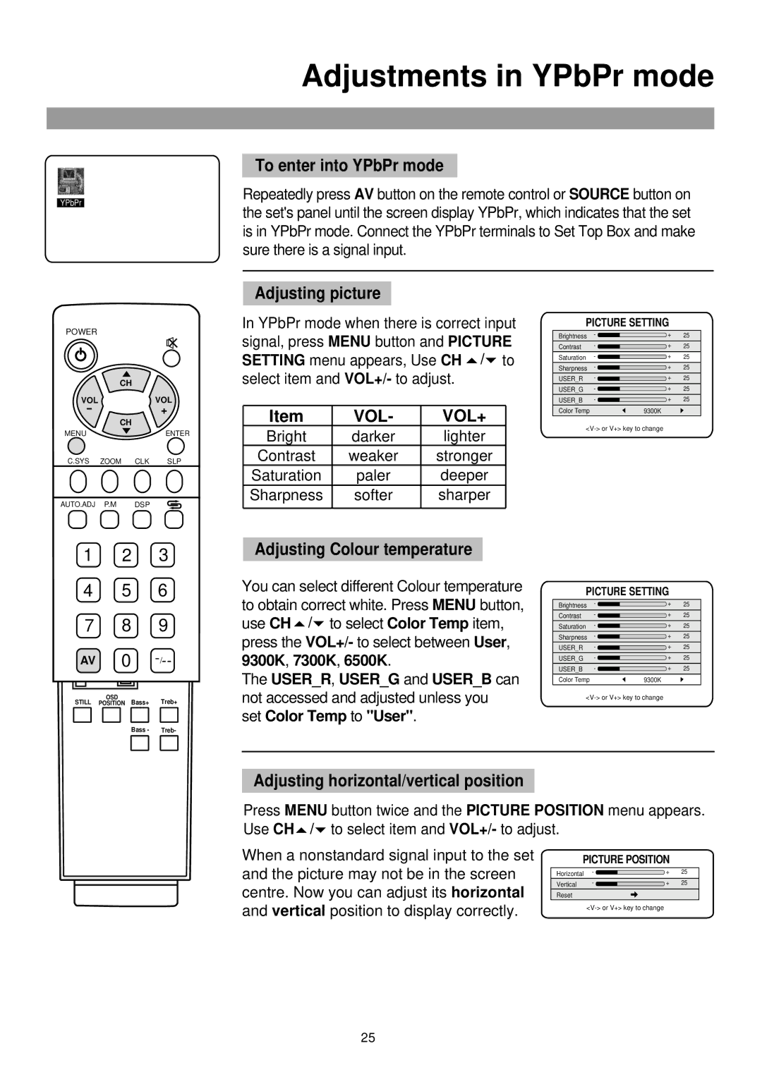 Palsonic TFTV765 owner manual Adjustments in YPbPr mode, To enter into YPbPr mode, Adjusting Colour temperature 