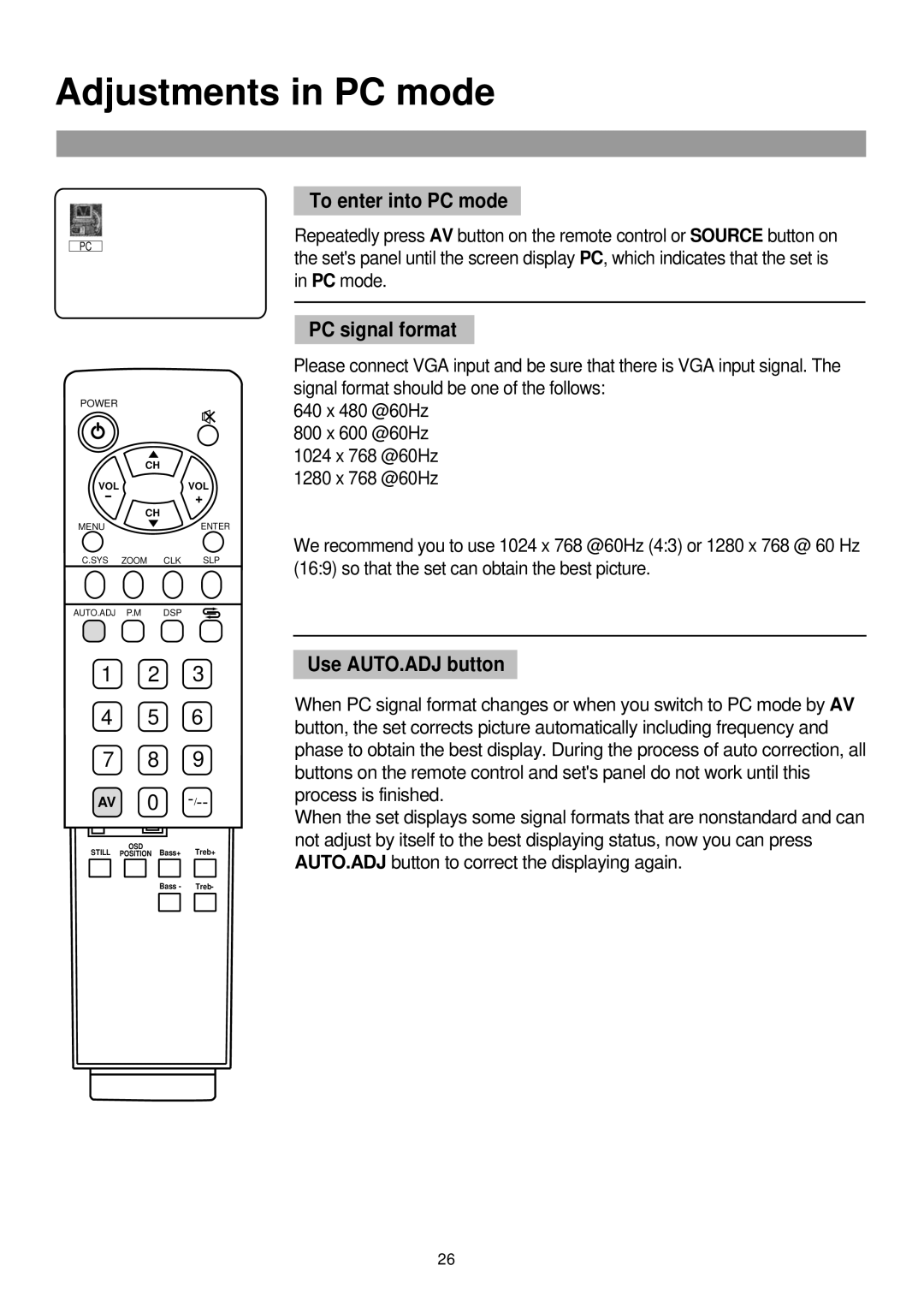 Palsonic TFTV765 owner manual Adjustments in PC mode, To enter into PC mode, PC signal format, Use AUTO.ADJ button 