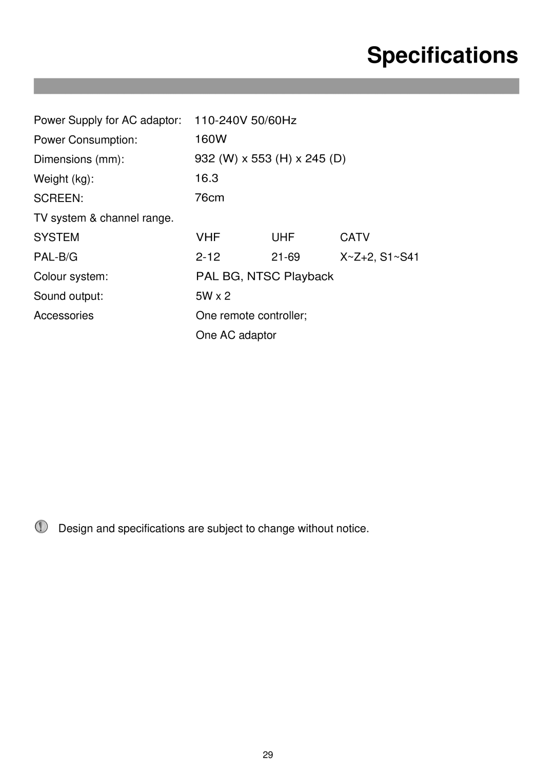 Palsonic TFTV765 owner manual Specifications, System VHF UHF Catv PAL-B/G 