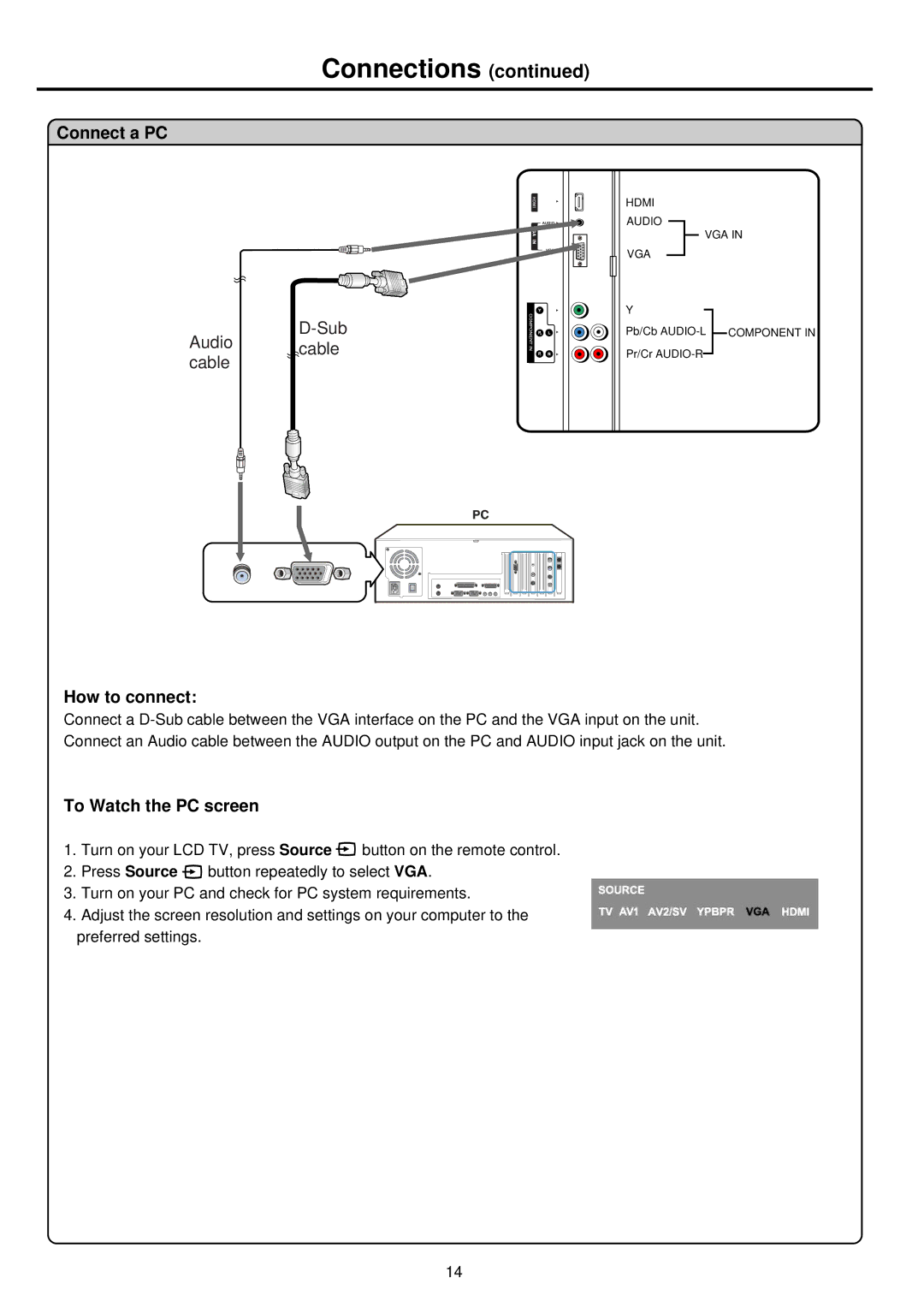 Palsonic TFTV812U owner manual Connect a PC, To Watch the PC screen 