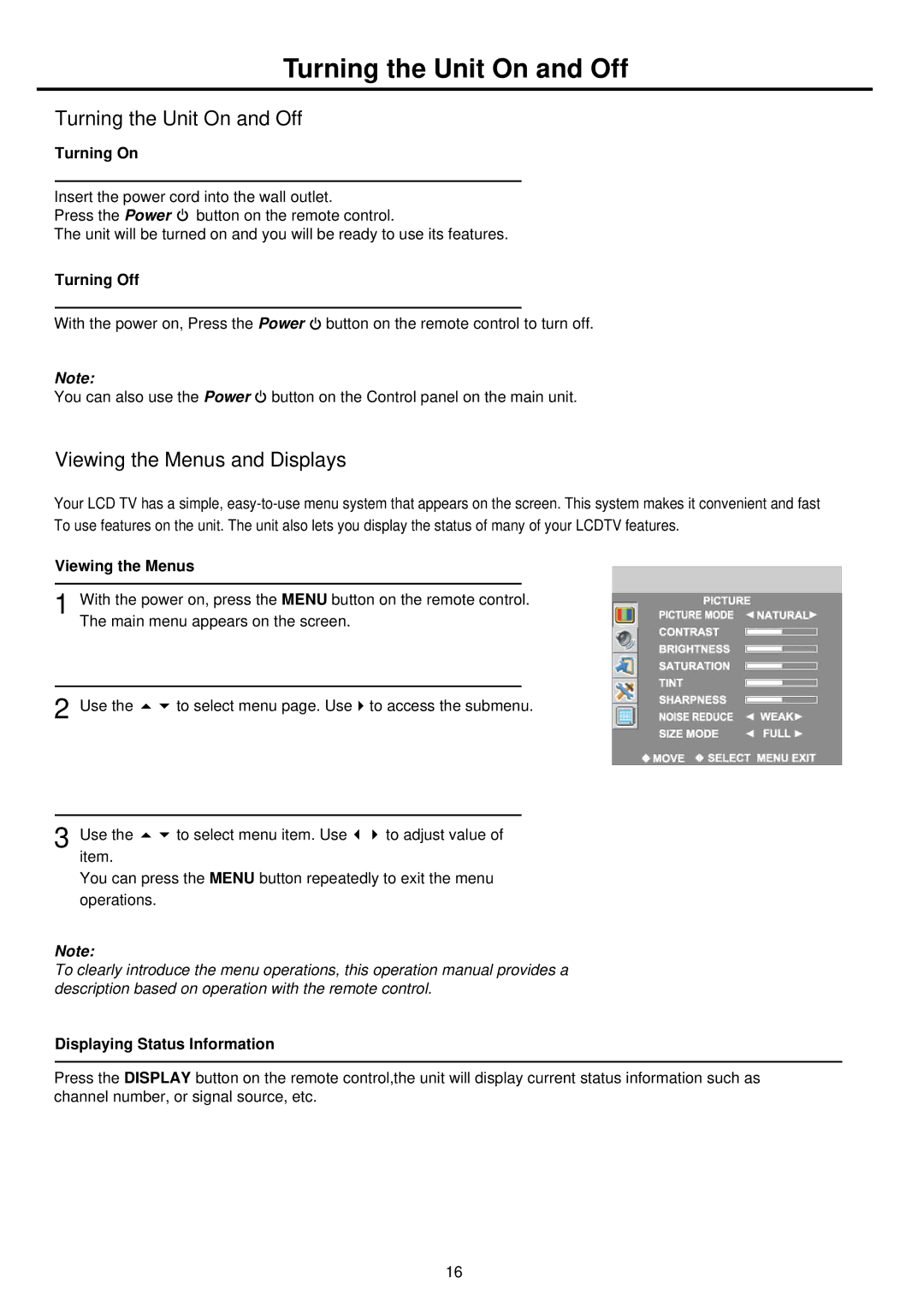 Palsonic TFTV812U owner manual Turning the Unit On and Off, Viewing the Menus and Displays 