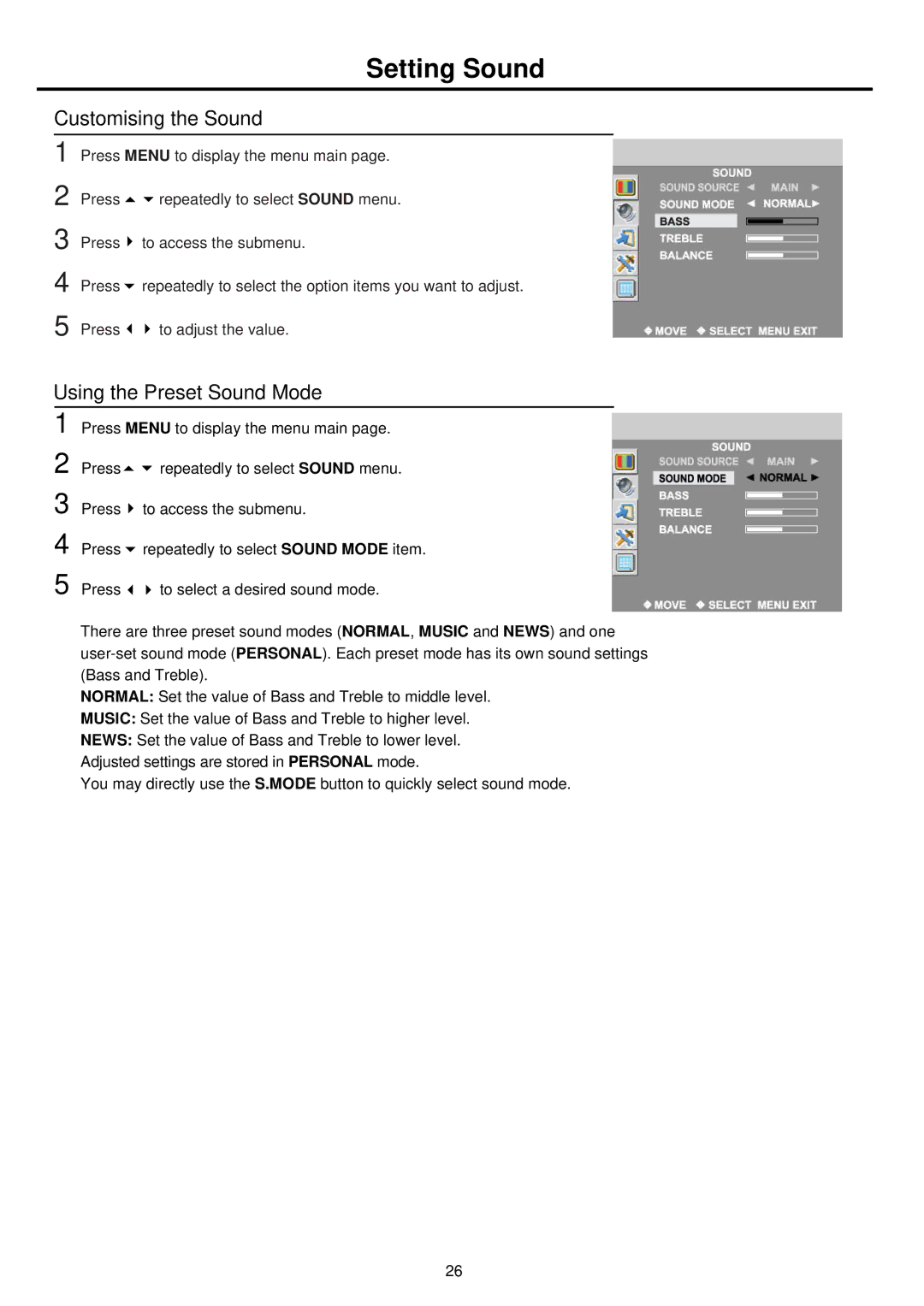 Palsonic TFTV812U owner manual Setting Sound, Customising the Sound, Using the Preset Sound Mode 