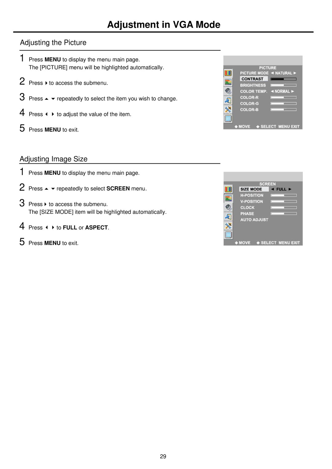 Palsonic TFTV812U owner manual Adjustment in VGA Mode, Adjusting the Picture, Adjusting Image Size 