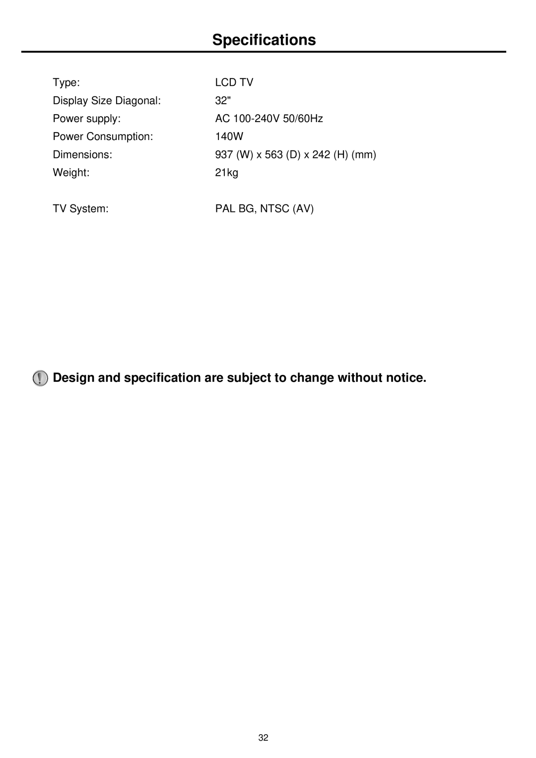 Palsonic TFTV812U owner manual Specifications, Lcd Tv 