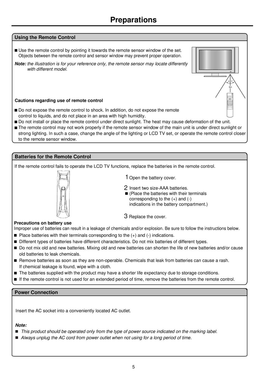 Palsonic TFTV812U owner manual Preparations, Using the Remote Control, Batteries for the Remote Control, Power Connection 