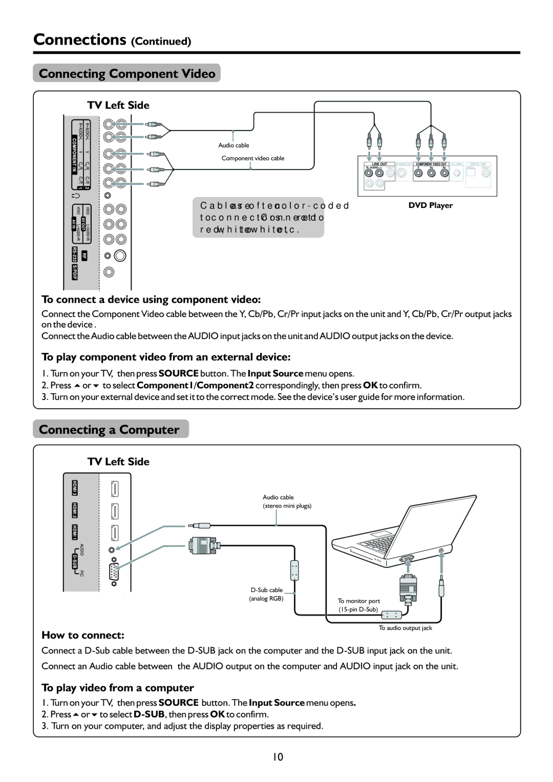 Palsonic TFTV815HD Connecting Component Video, Connecting a Computer, To connect a device using component video 