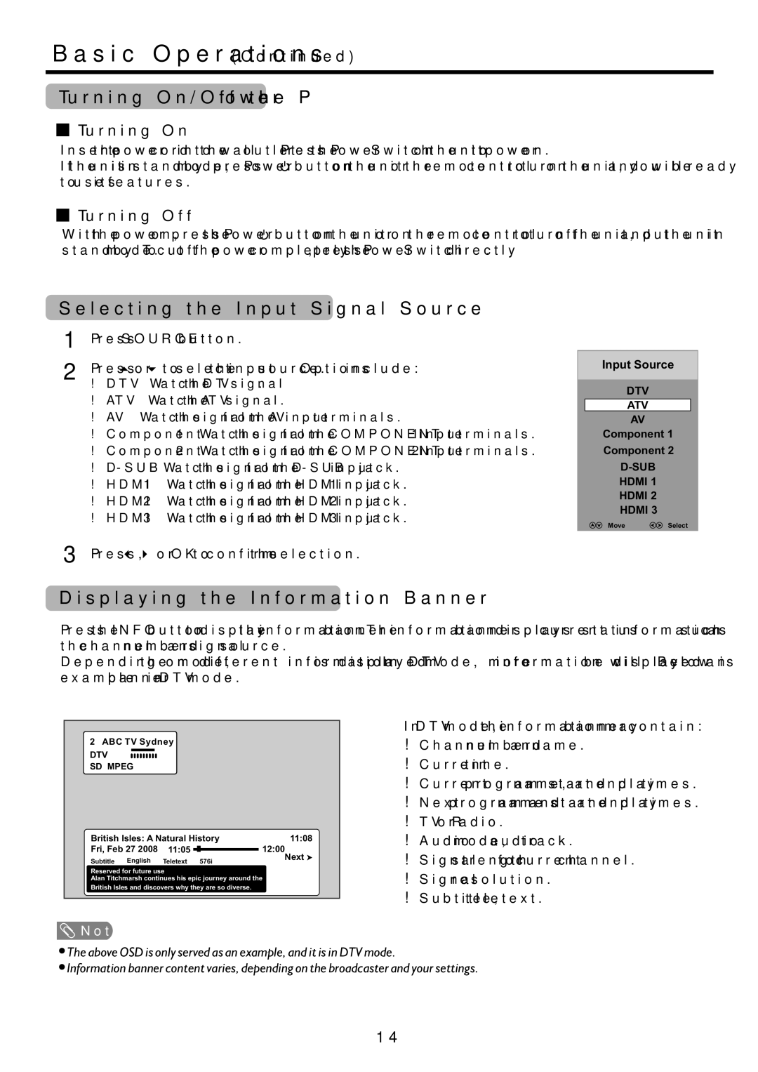 Palsonic TFTV815HD Turning On/Off the Power, Selecting the Input Signal Source, Displaying the Information Banner 