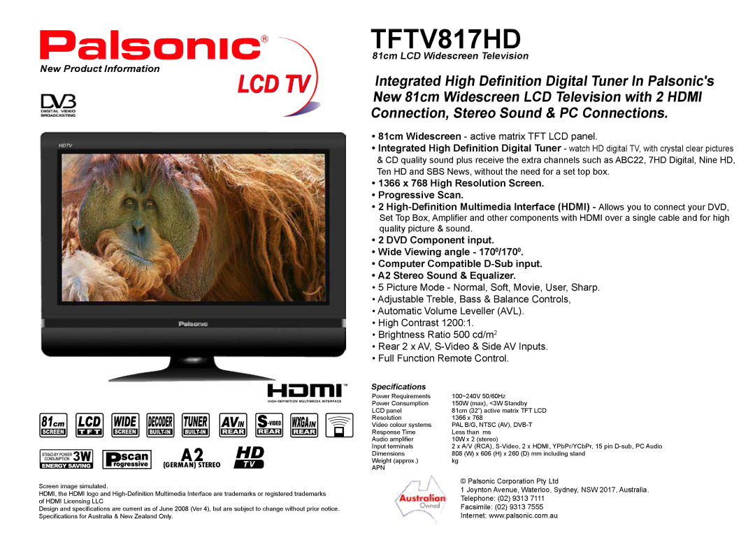 Palsonic TFTV817HD specifications 81cm Widescreen active matrix TFT LCD panel, New Product Information, Specifications 