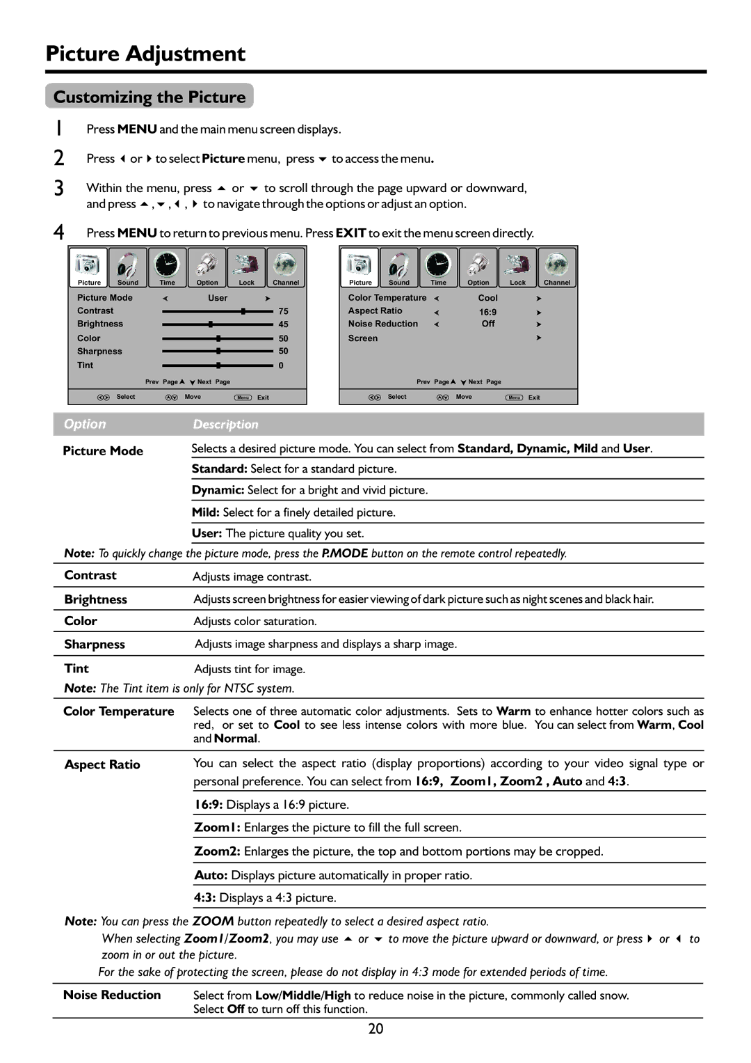 Palsonic TFTV818HD owner manual Picture Adjustment, Customizing the Picture 