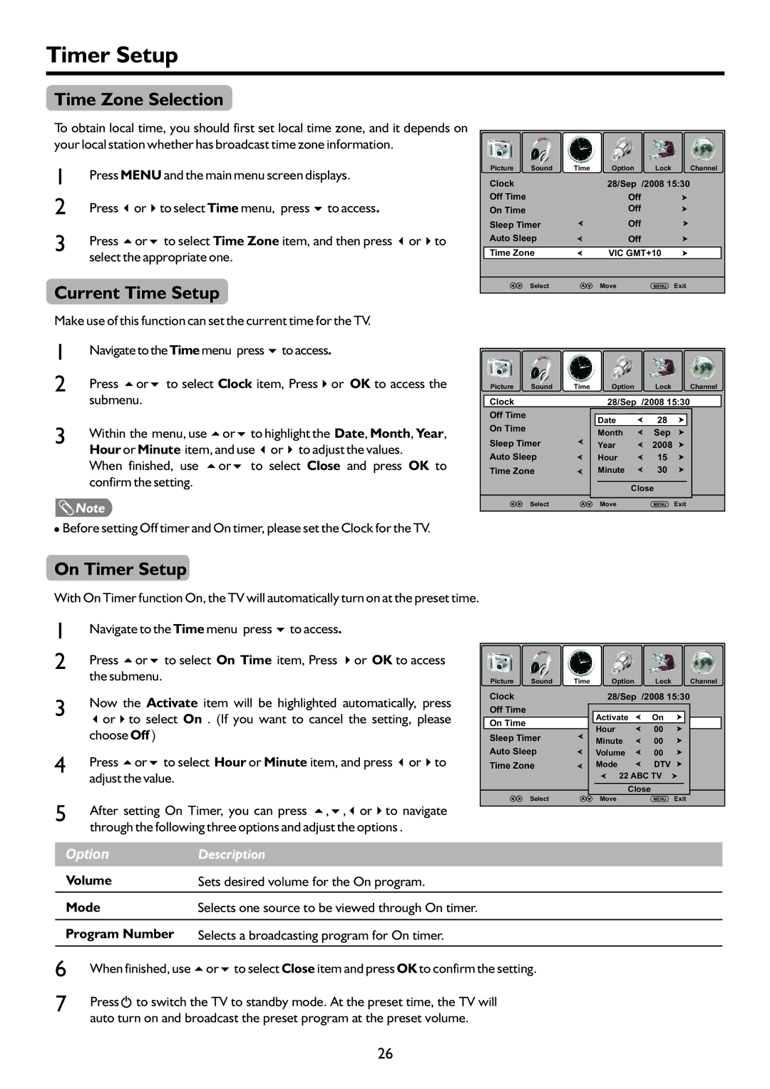 Palsonic TFTV818HD owner manual Time Zone Selection, Current Time Setup, On Timer Setup 