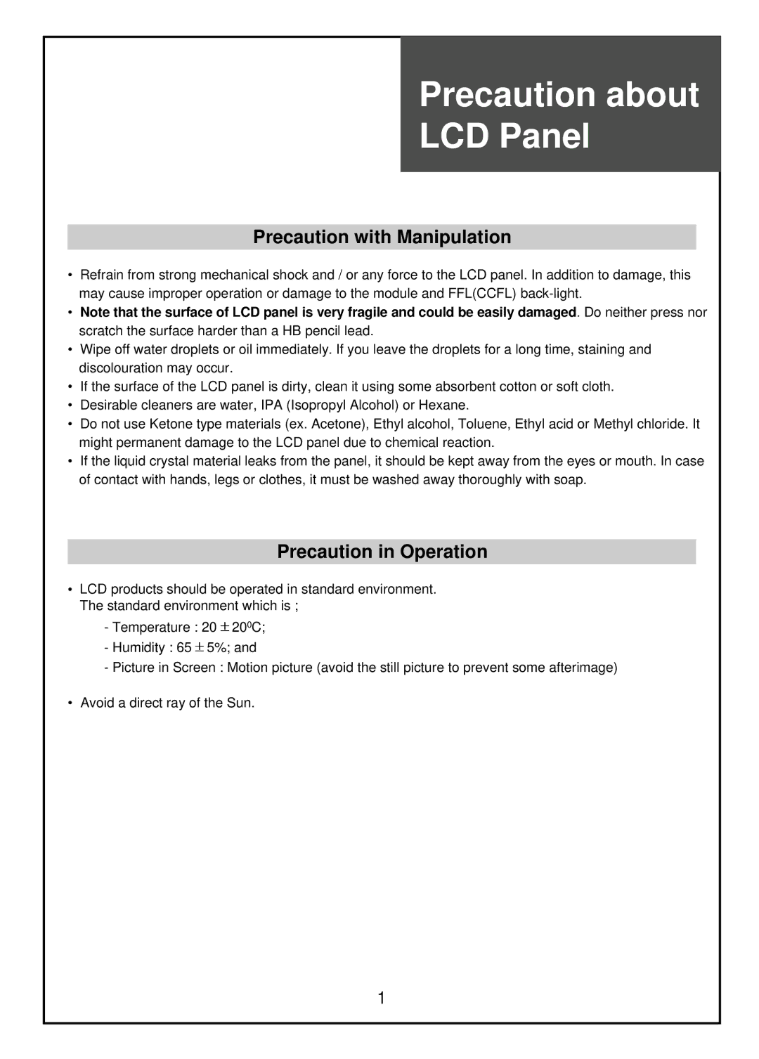 Palsonic TFTV81HDT, TFTV68HDT Precaution about LCD Panel, Precaution with Manipulation, Precaution in Operation 