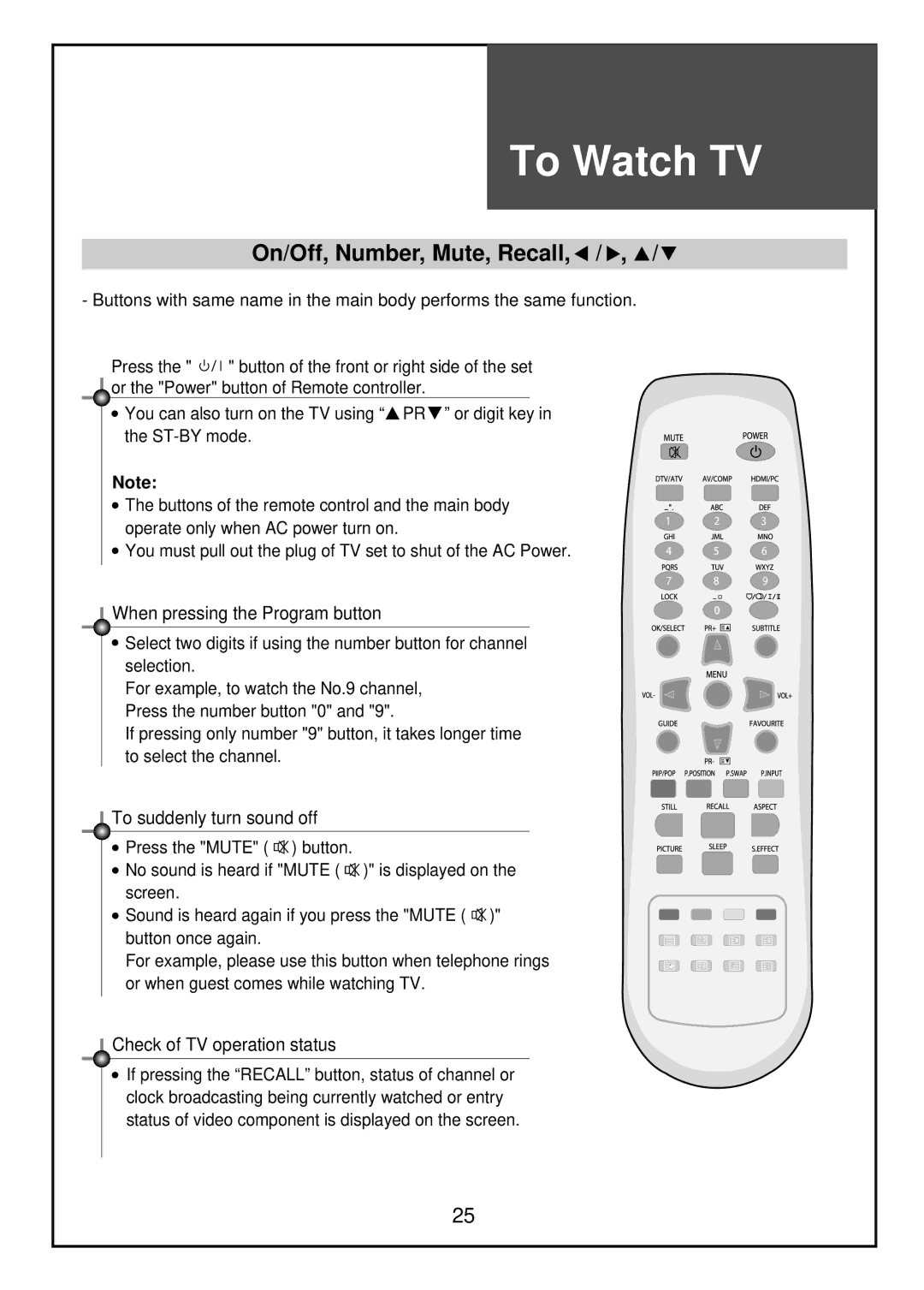 Palsonic TFTV81HDT, TFTV68HDT instruction manual To Watch TV, On/Off, Number, Mute, Recall 