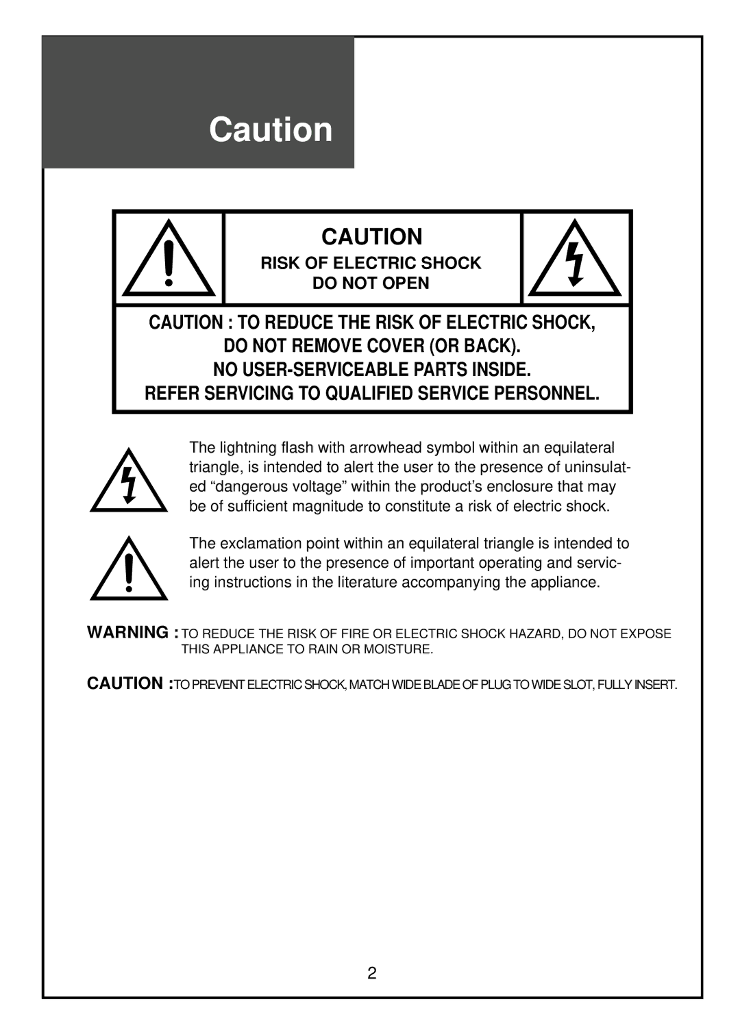 Palsonic TFTV68HDT, TFTV81HDT instruction manual Risk of Electric Shock Do not Open 