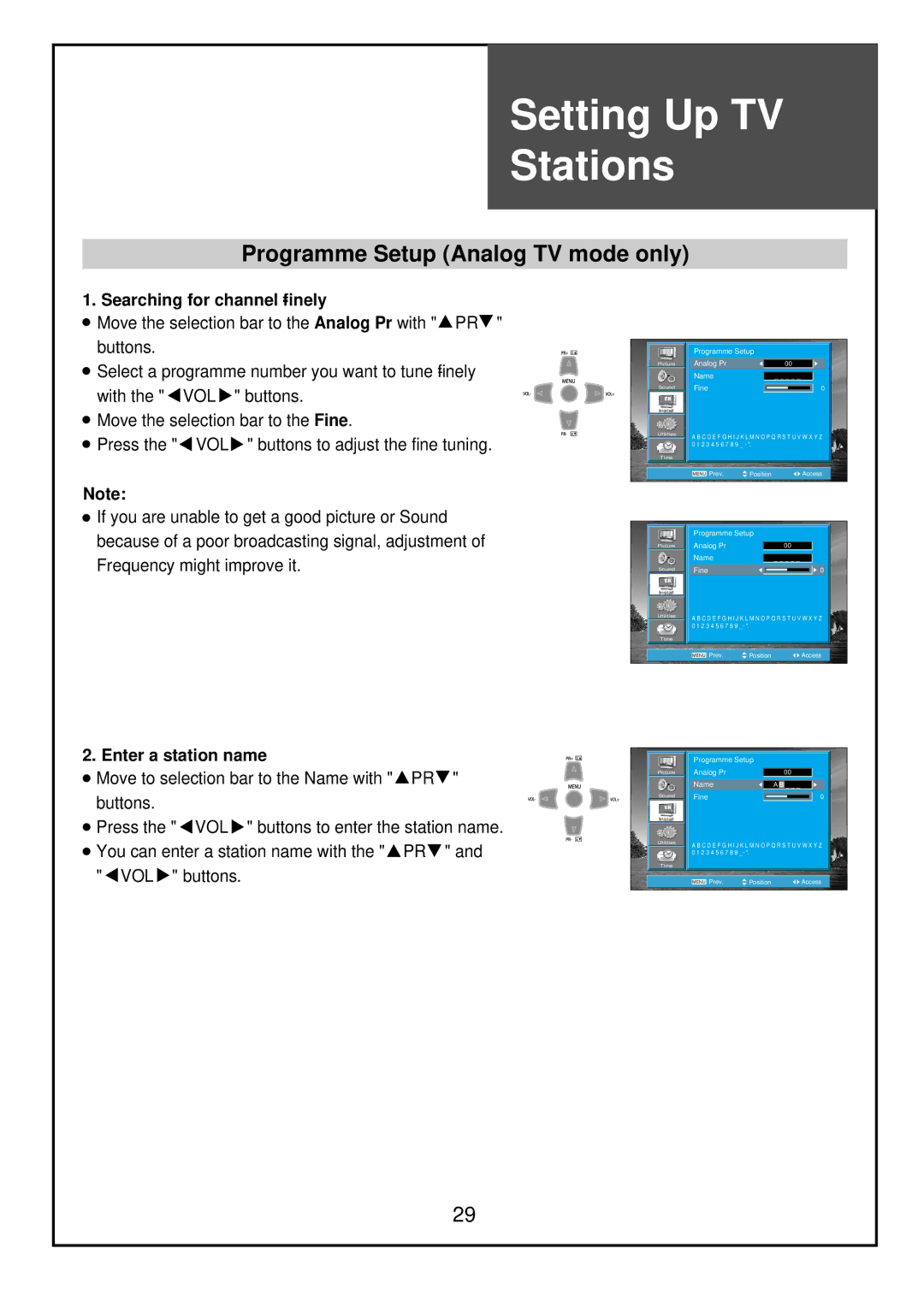 Palsonic TFTV81HDT, TFTV68HDT Programme Setup Analog TV mode only, Searching for channel finely, Enter a station name 