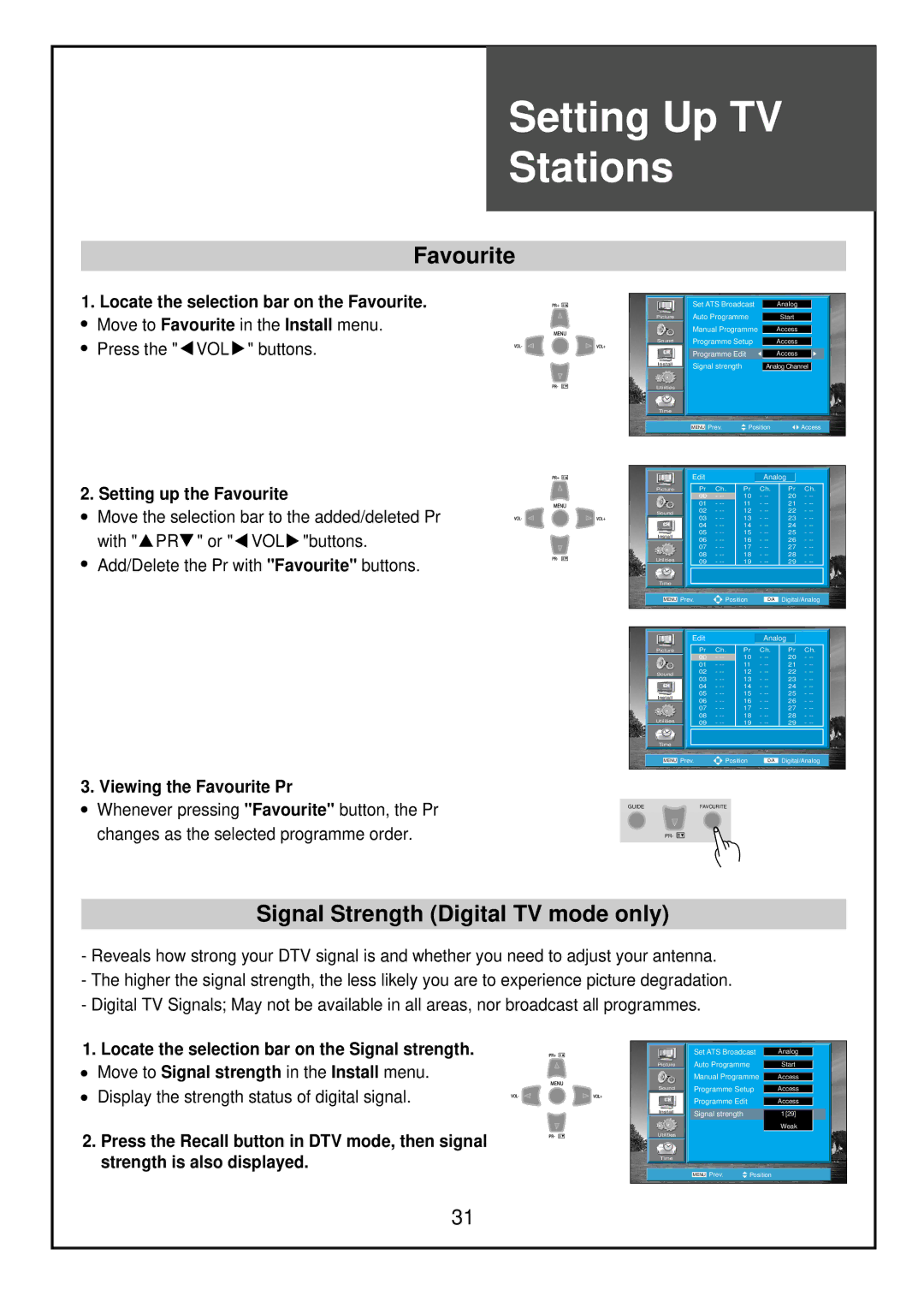 Palsonic TFTV81HDT, TFTV68HDT Signal Strength Digital TV mode only, Setting up the Favourite, Viewing the Favourite Pr 