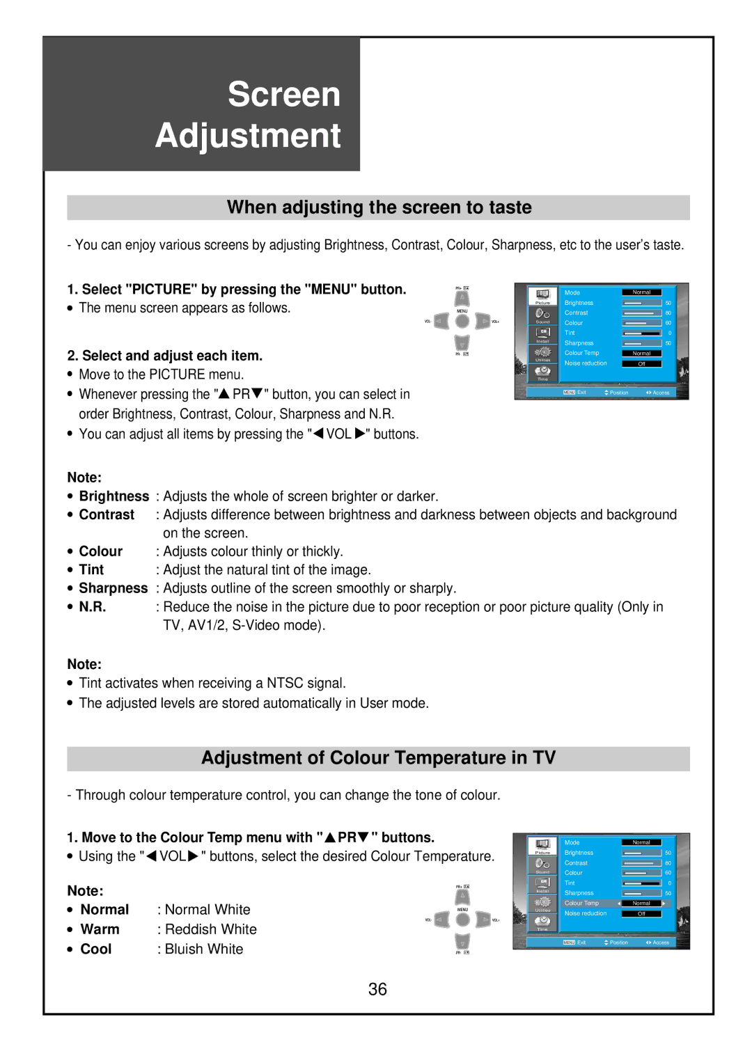 Palsonic TFTV68HDT, TFTV81HDT instruction manual When adjusting the screen to taste, Adjustment of Colour Temperature in TV 