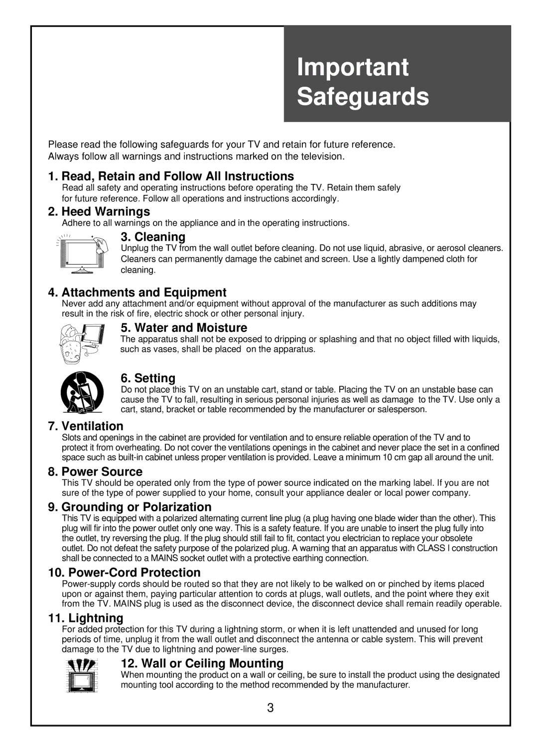 Palsonic TFTV81HDT, TFTV68HDT instruction manual Safeguards, Read, Retain and Follow All Instructions 