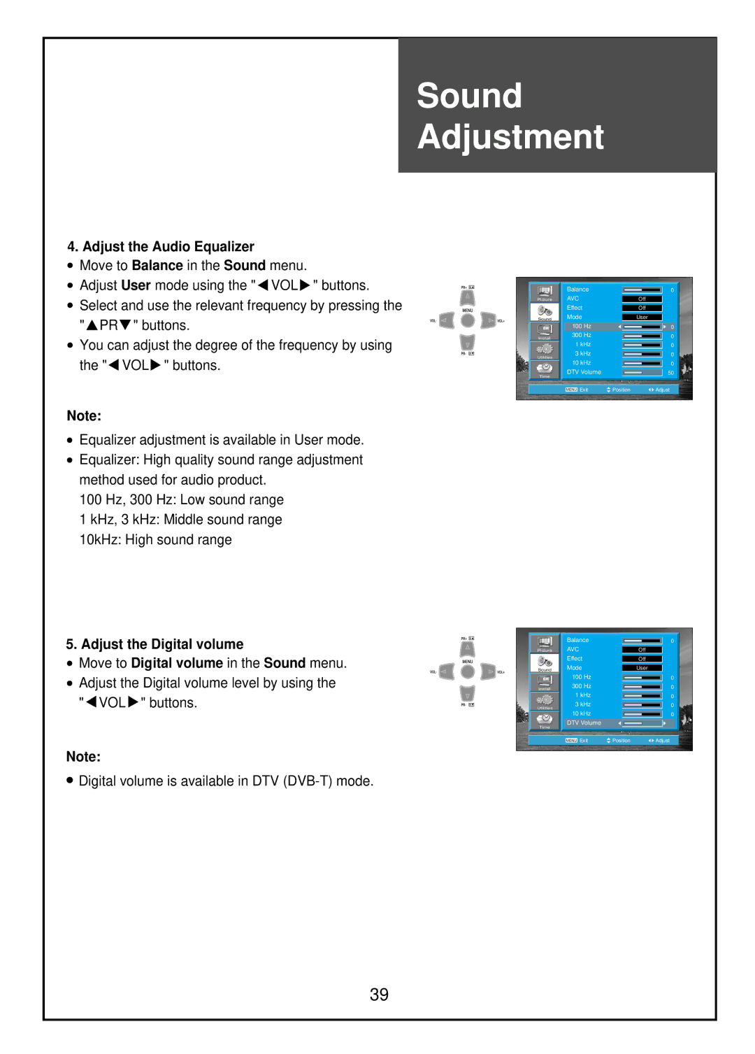 Palsonic TFTV81HDT, TFTV68HDT instruction manual Adjust the Audio Equalizer, Adjust the Digital volume 