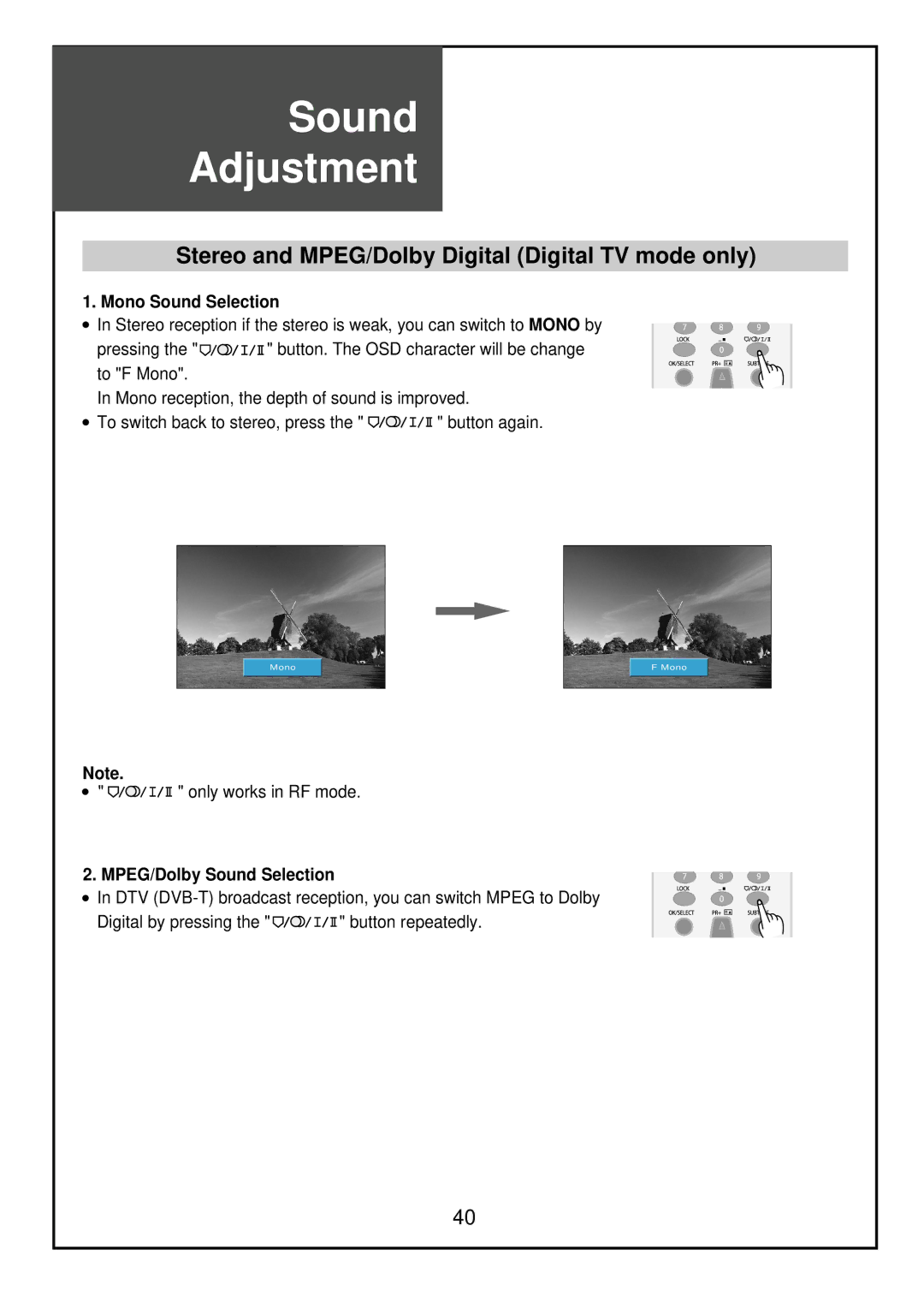 Palsonic TFTV68HDT Stereo and MPEG/Dolby Digital Digital TV mode only, Mono Sound Selection, MPEG/Dolby Sound Selection 