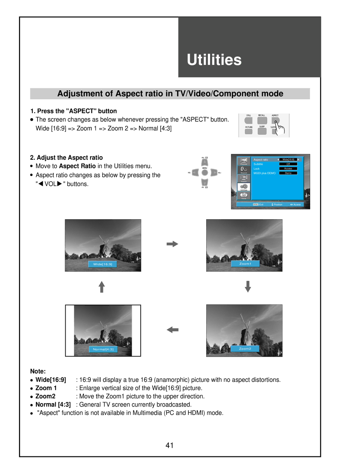 Palsonic TFTV81HDT, TFTV68HDT Utilities, Adjustment of Aspect ratio in TV/Video/Component mode, Press the Aspect button 