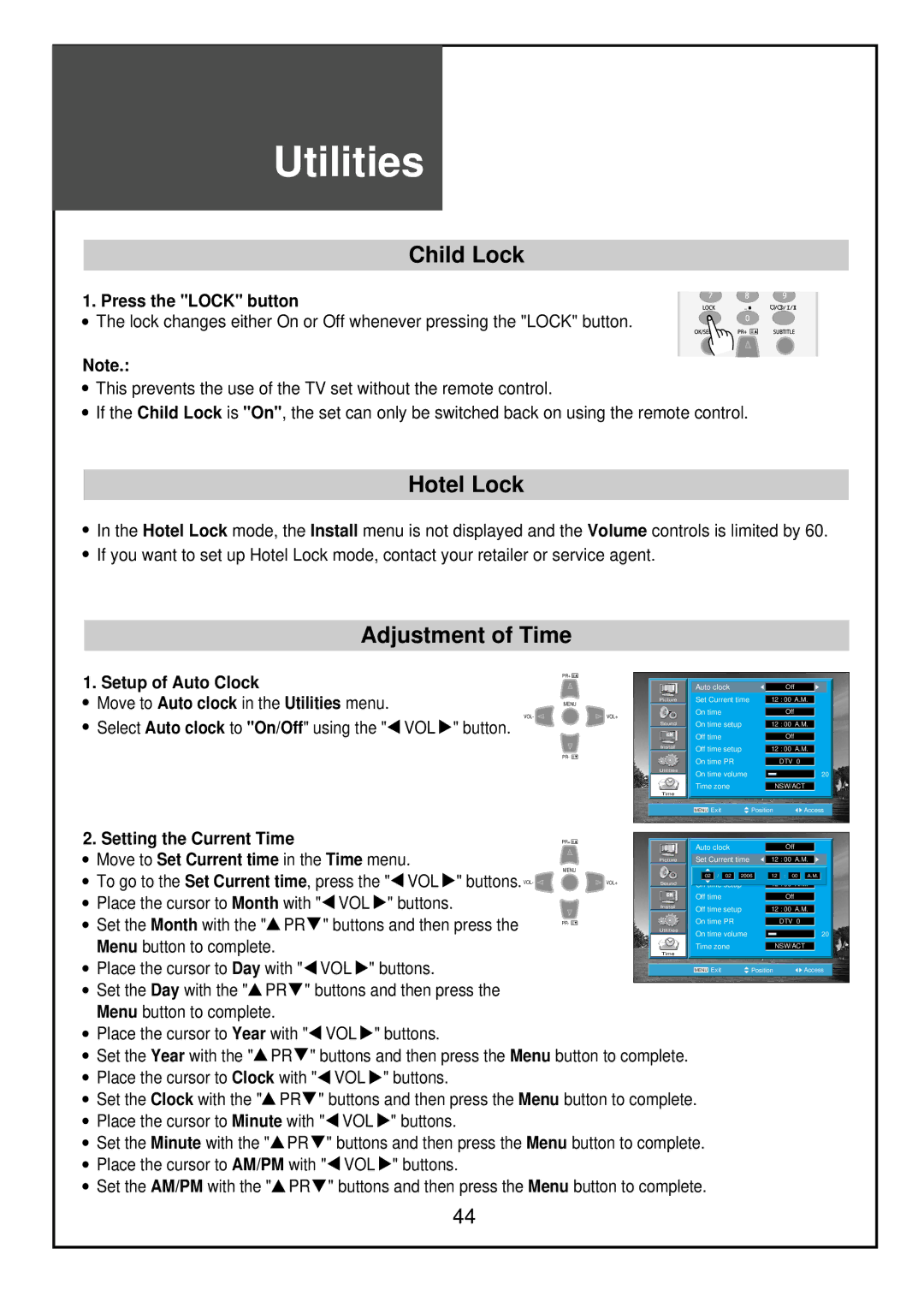 Palsonic TFTV68HDT, TFTV81HDT instruction manual Child Lock, Hotel Lock, Adjustment of Time 