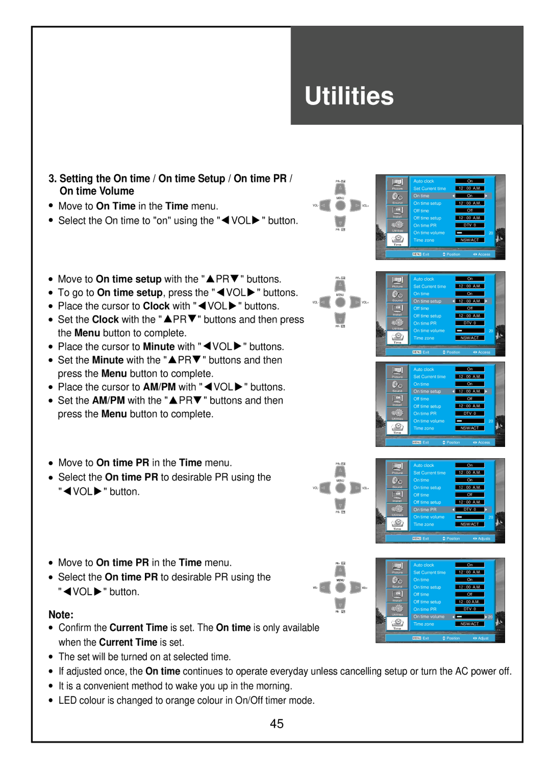 Palsonic TFTV81HDT, TFTV68HDT instruction manual On time Volume, Setting the On time / On time Setup / On time PR 