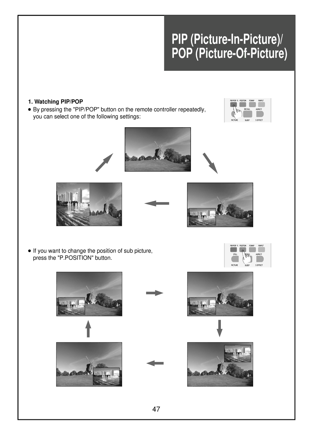 Palsonic TFTV81HDT, TFTV68HDT instruction manual POP Picture-Of-Picture, Watching PIP/POP 