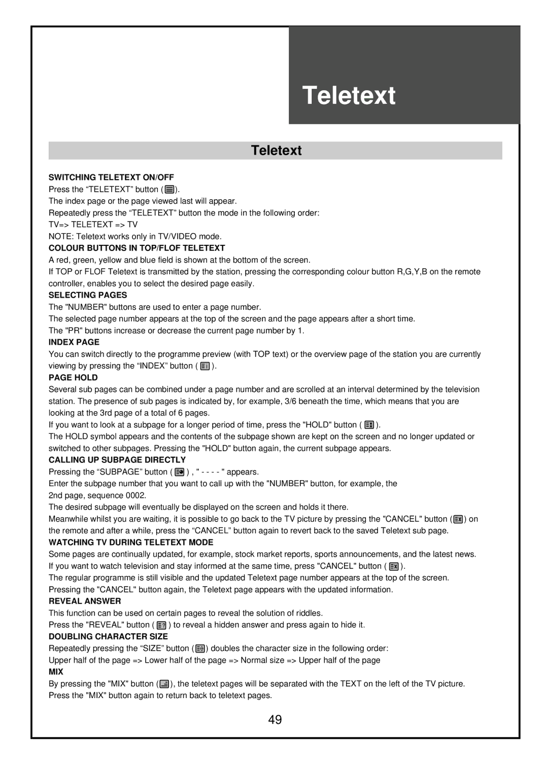 Palsonic TFTV81HDT, TFTV68HDT instruction manual Teletext 