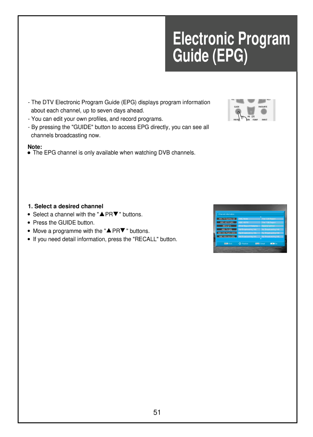 Palsonic TFTV81HDT, TFTV68HDT instruction manual Electronic Program Guide EPG, Select a desired channel 