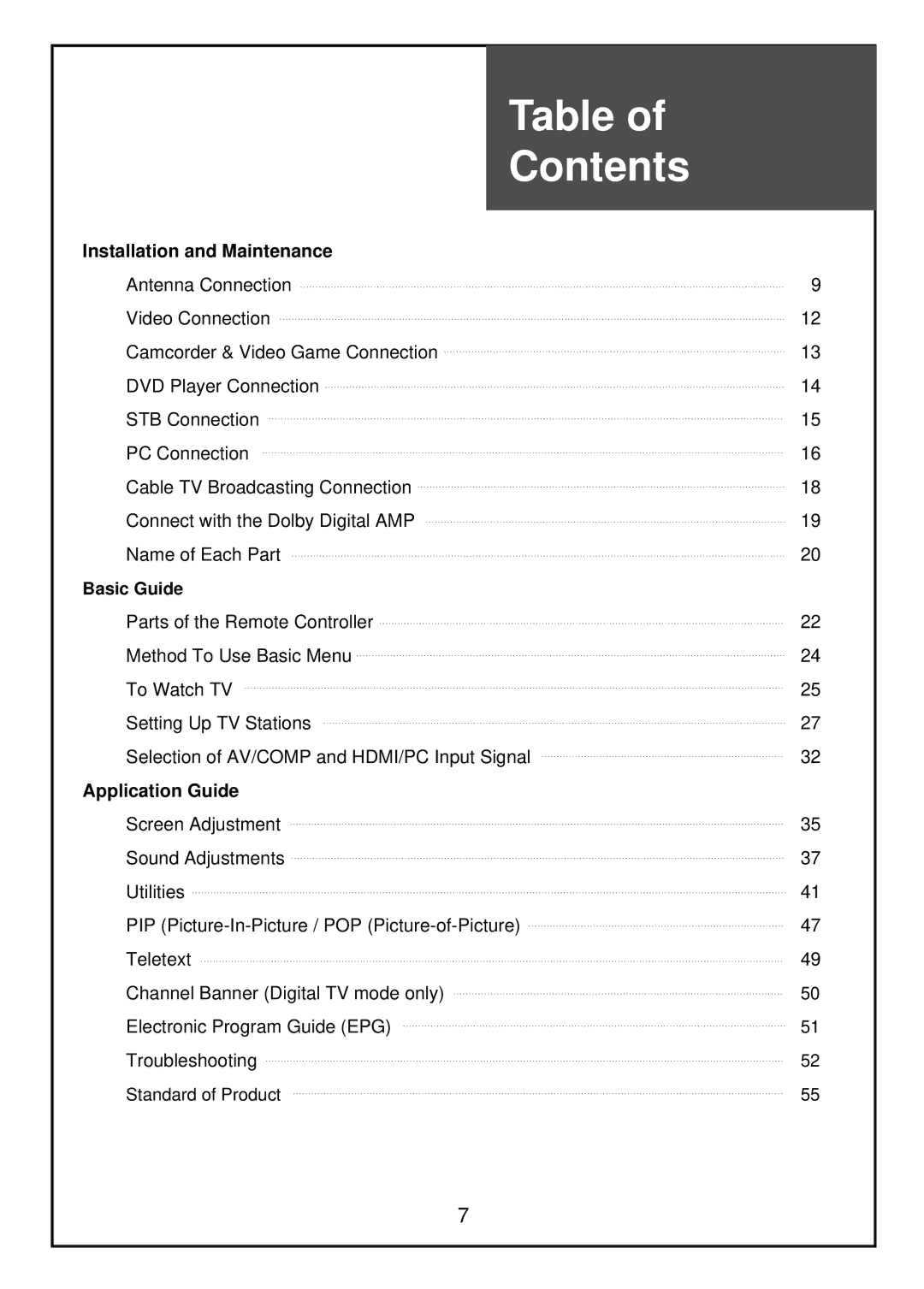 Palsonic TFTV81HDT, TFTV68HDT instruction manual Contents 