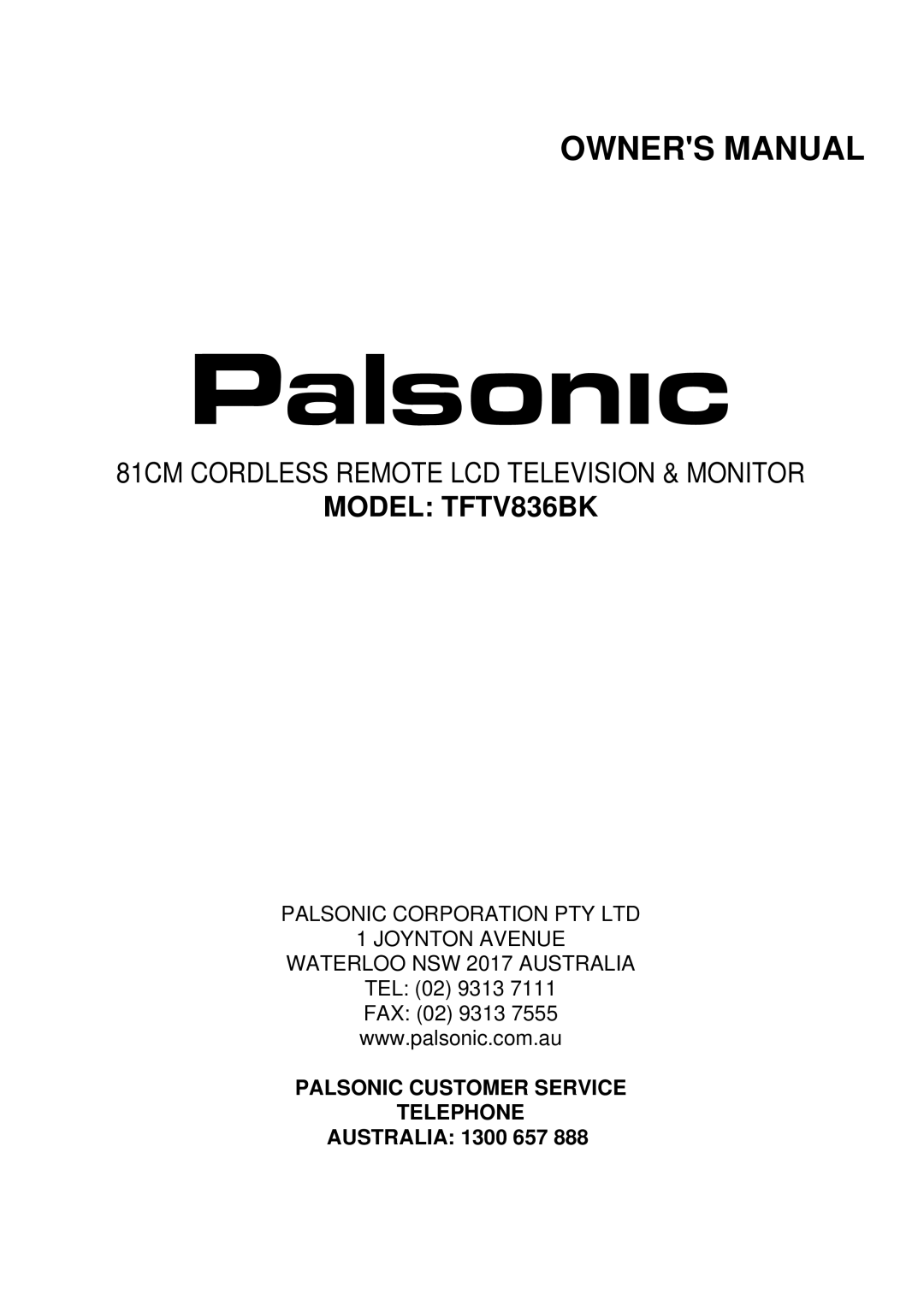 Palsonic owner manual Model TFTV836BK 