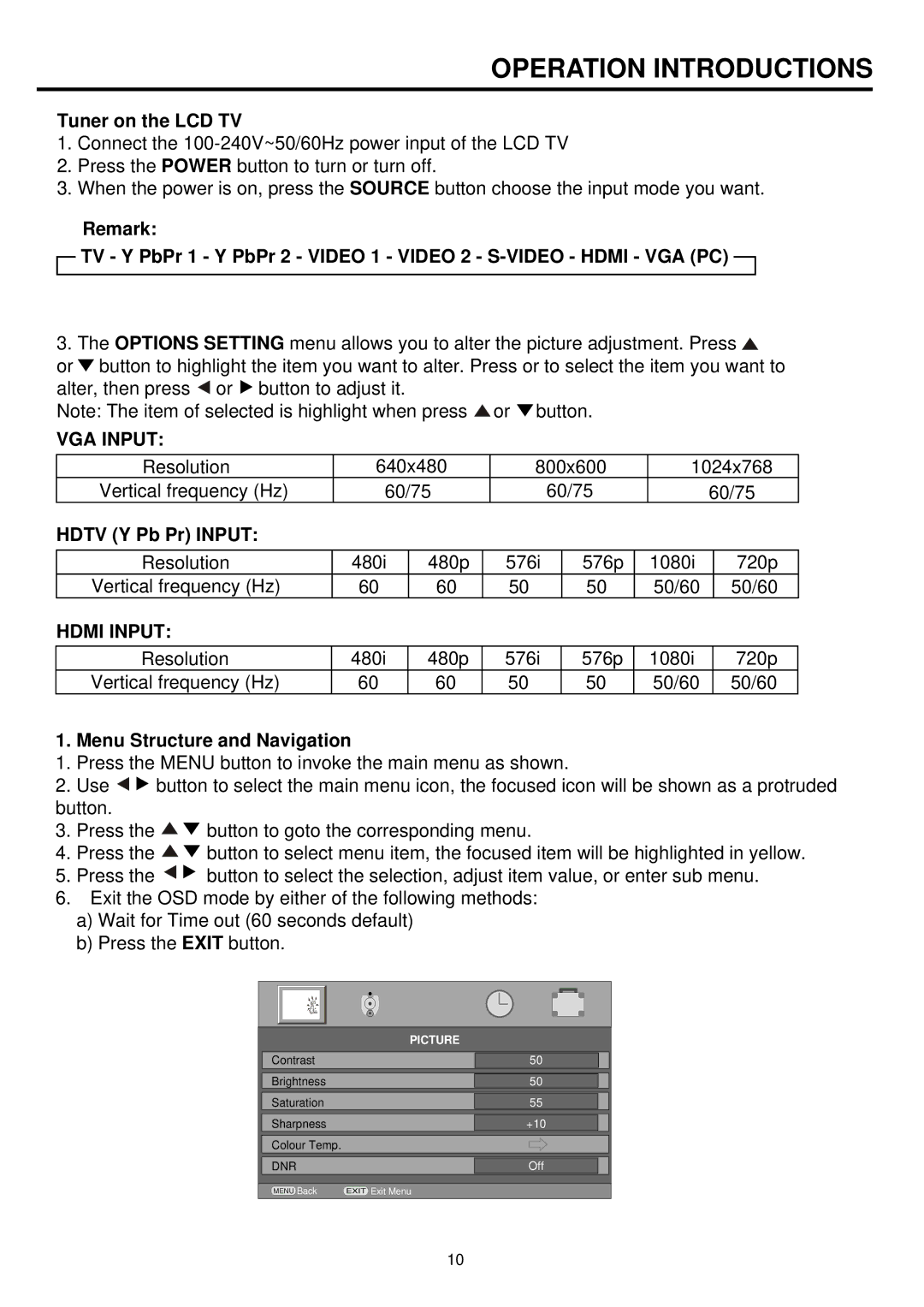 Palsonic TFTV836BK owner manual Tuner on the LCD TV, Hdtv Y Pb Pr Input, Menu Structure and Navigation 