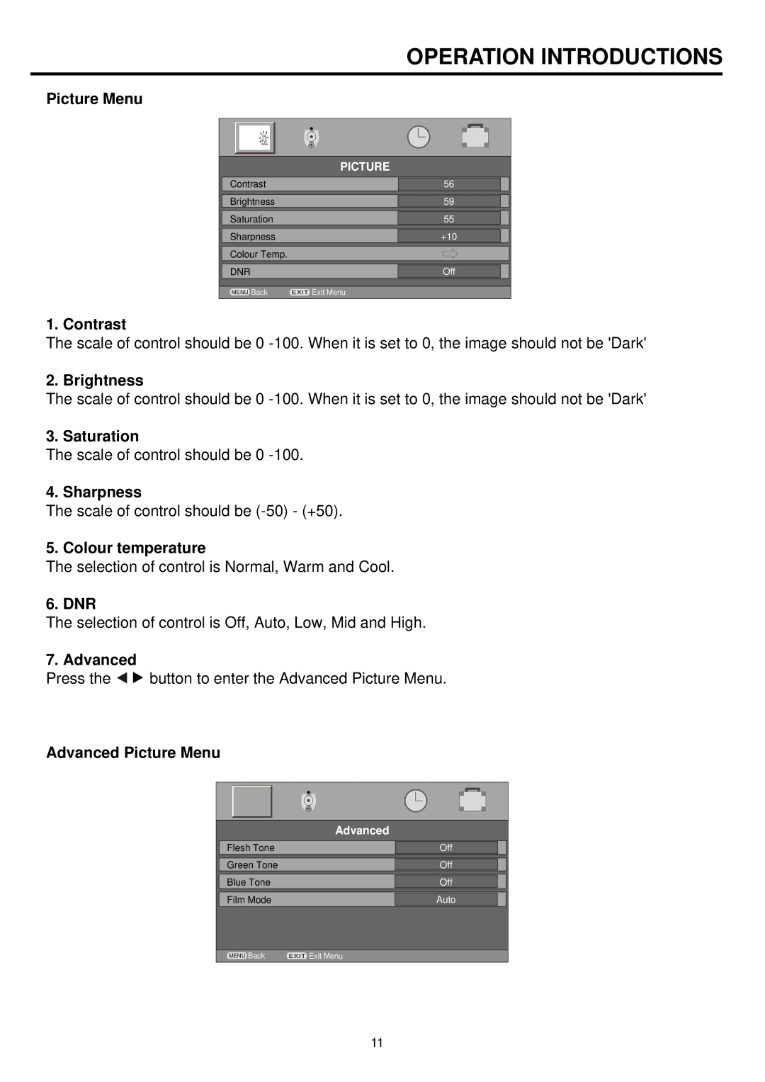 Palsonic TFTV836BK Picture Menu, Contrast, Brightness, Saturation, Sharpness, Colour temperature, Dnr, Advanced 