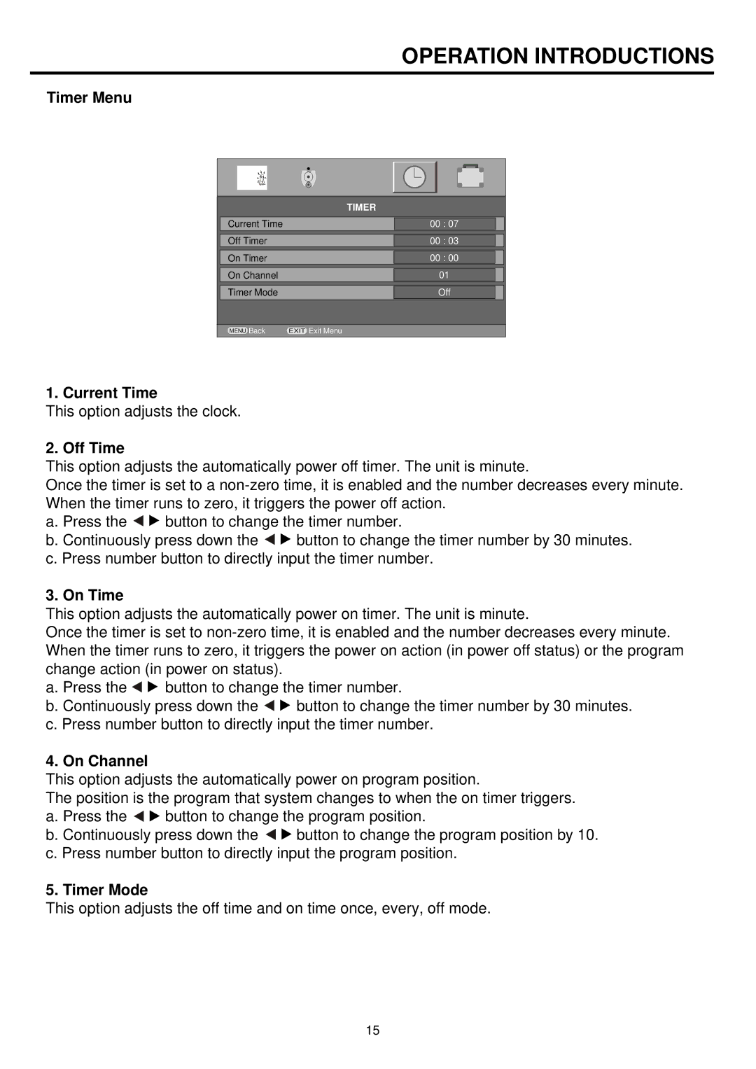 Palsonic TFTV836BK owner manual Timer Menu, Current Time, Off Time, On Time, On Channel, Timer Mode 